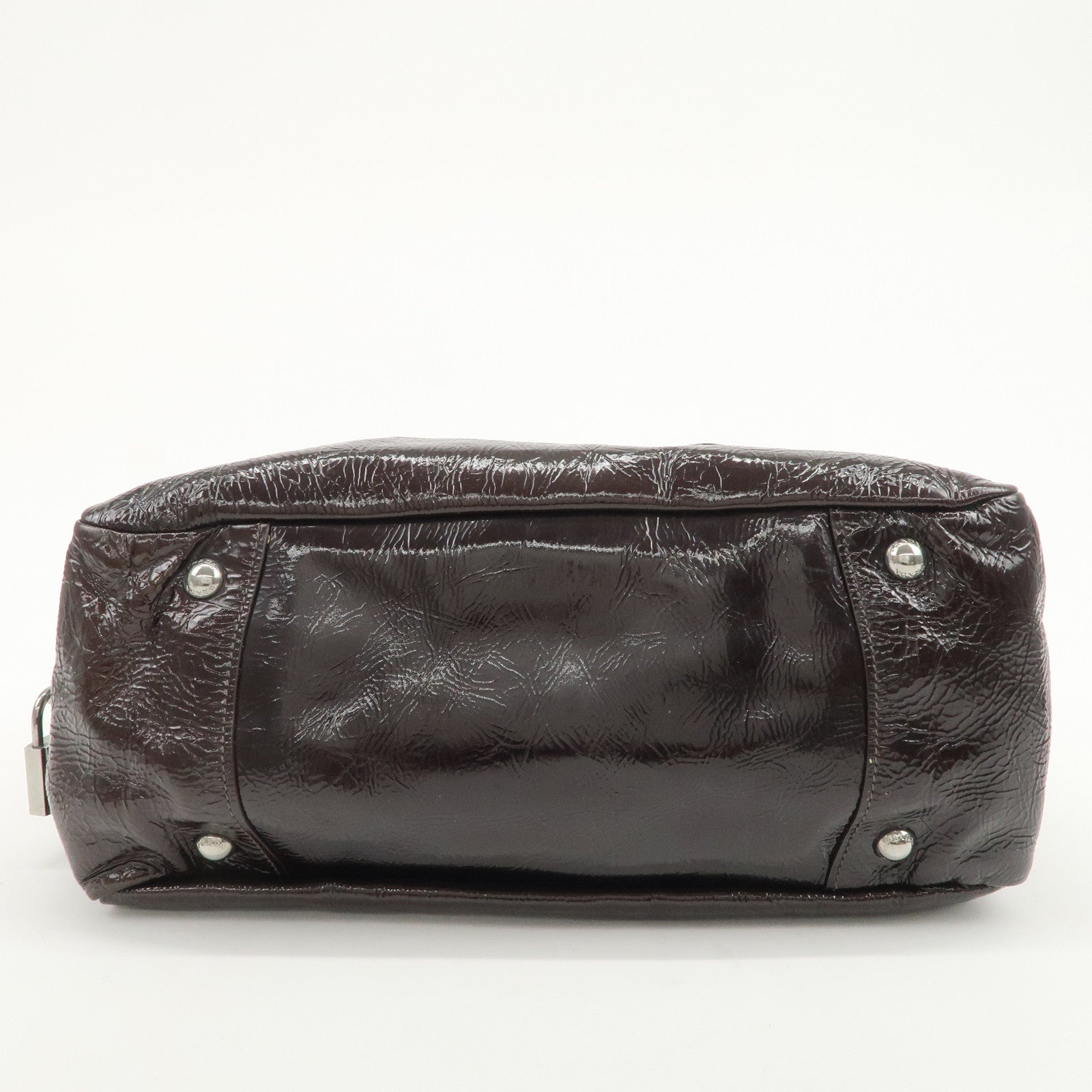 PRADA Logo Patent Leather Hand Bag Boston Bag Brown BL0555