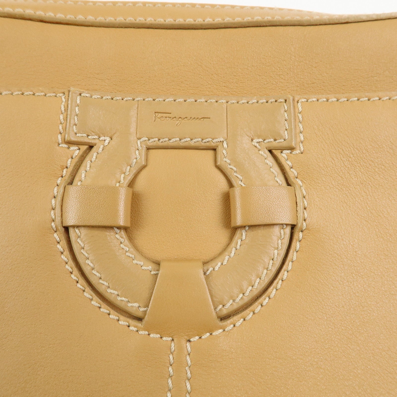 Ferragamo Gancini Leather Shoulder Bag Hand Bag Light Brown
