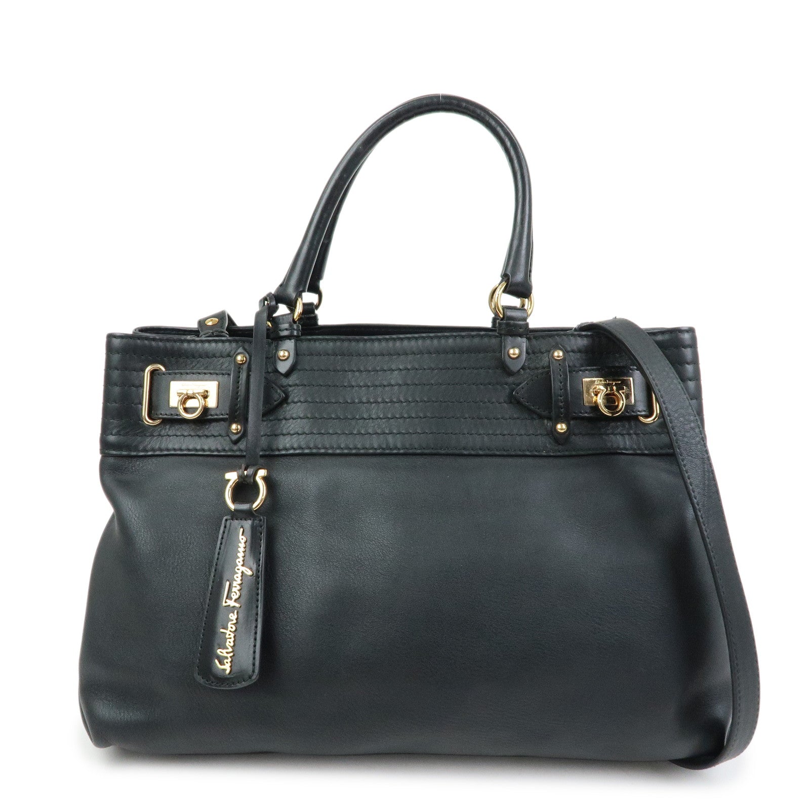 Ferragamo Gancini Leather Tote Bag Hand Bag Black