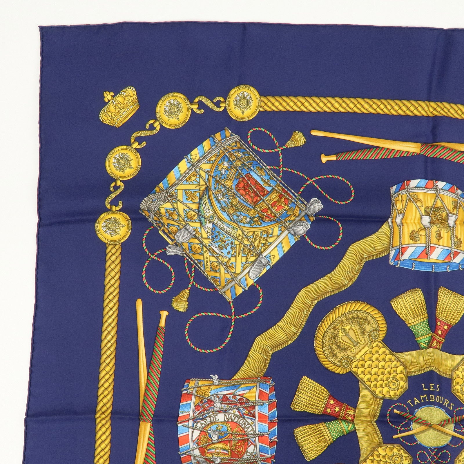HERMES Carre 90 Silk 100% Scarf  LES TAMBOURS Navy Gold