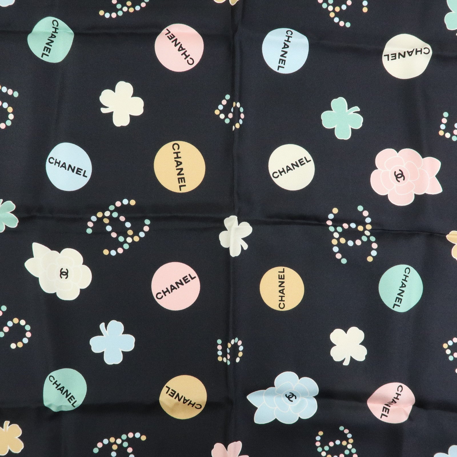 CHANEL No.5 Silk 100% Scarf Black Multicolor