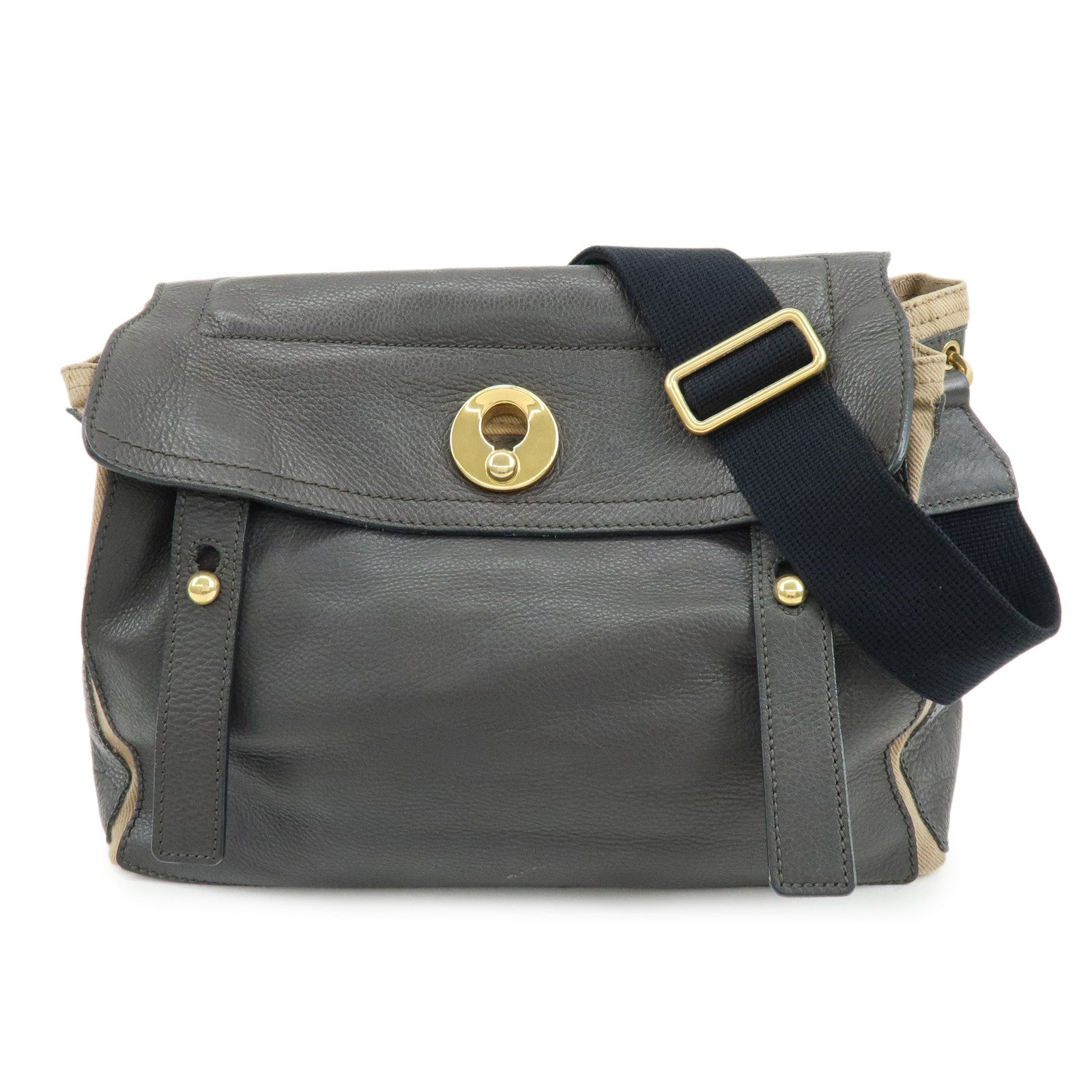 SAINT LAURENT PARIS Muse Leather Canvas Shoulder Bag Dark Brown