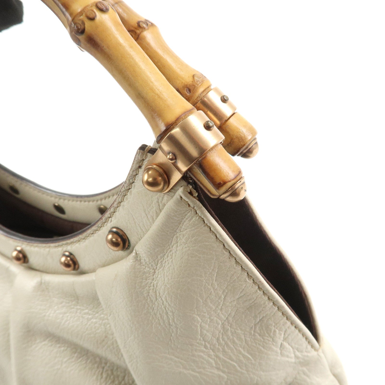 GUCCI Bamboo Leather Studs Shoulder Bag Hand Bag Ivory 124297