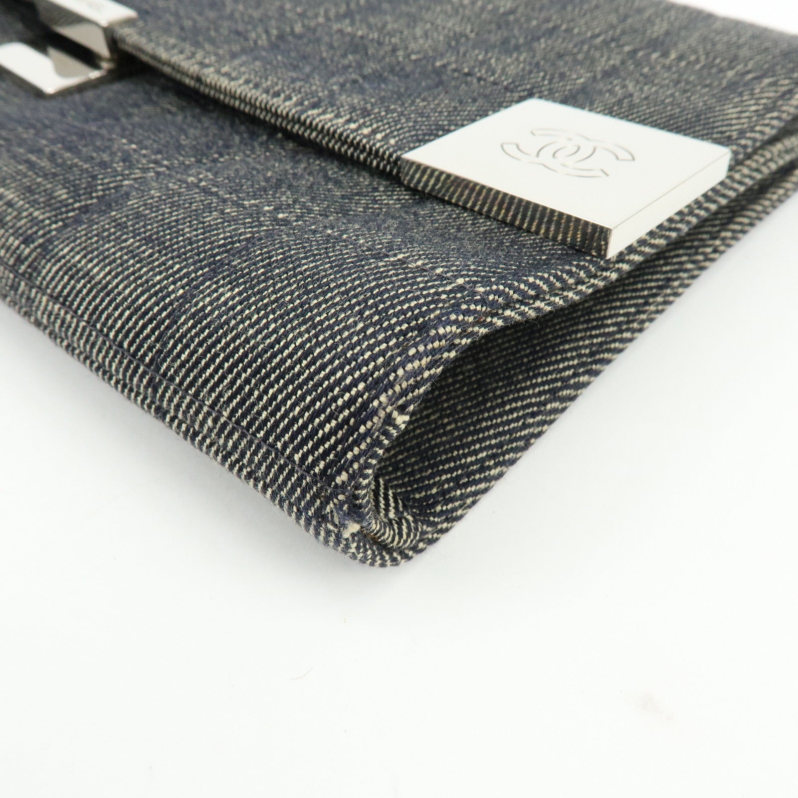 CHANEL Chocolate Bar COCO Mark Denim Clutch Bag Black