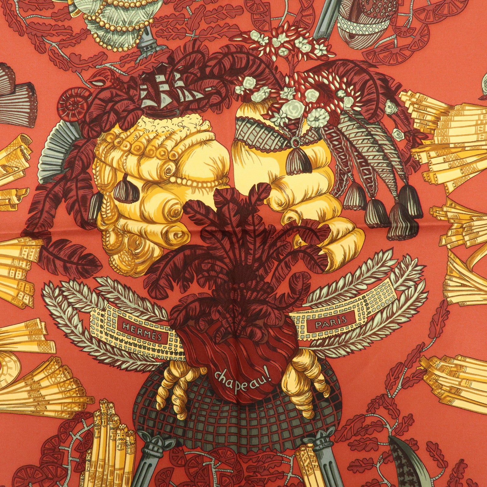HERMES  Carre 90 Silk 100% Scarf chapeau Scarf Red Brown