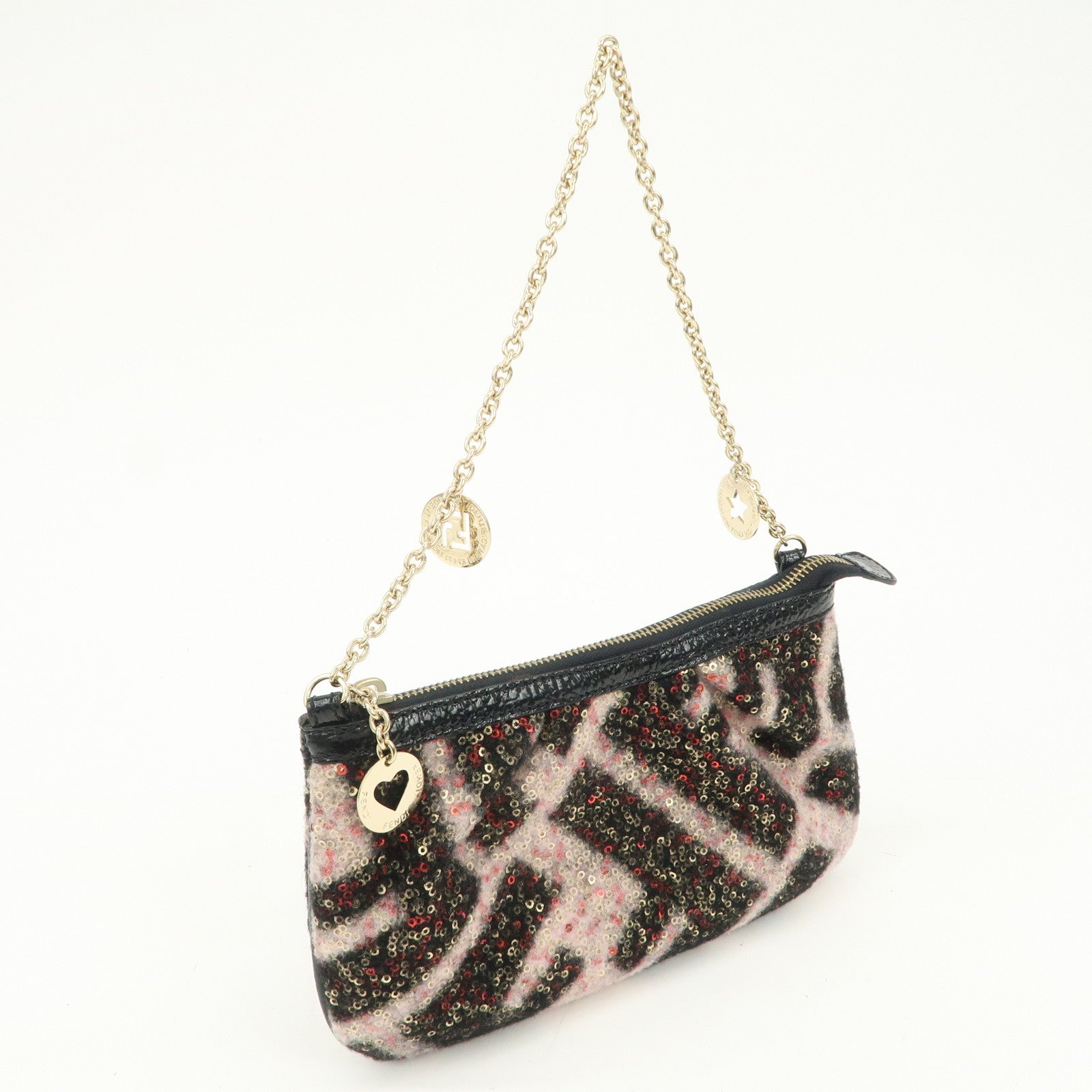 FENDI Wool Flip Sequin Leather Chain Bag Pouch Black Pink 8BR594