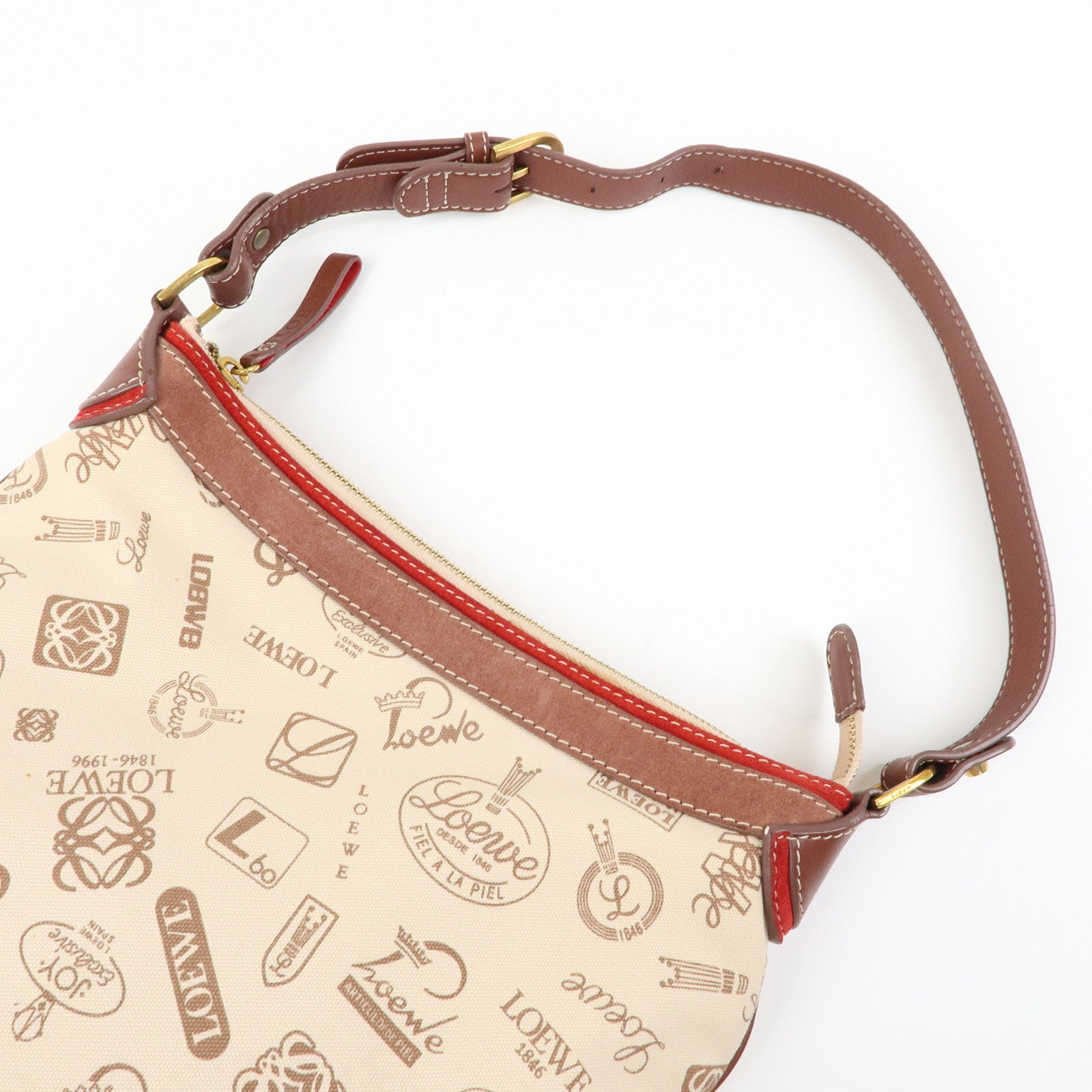 LOEWE Canvas Leather Suede Shoulder Bag Hand Bag Beige Red