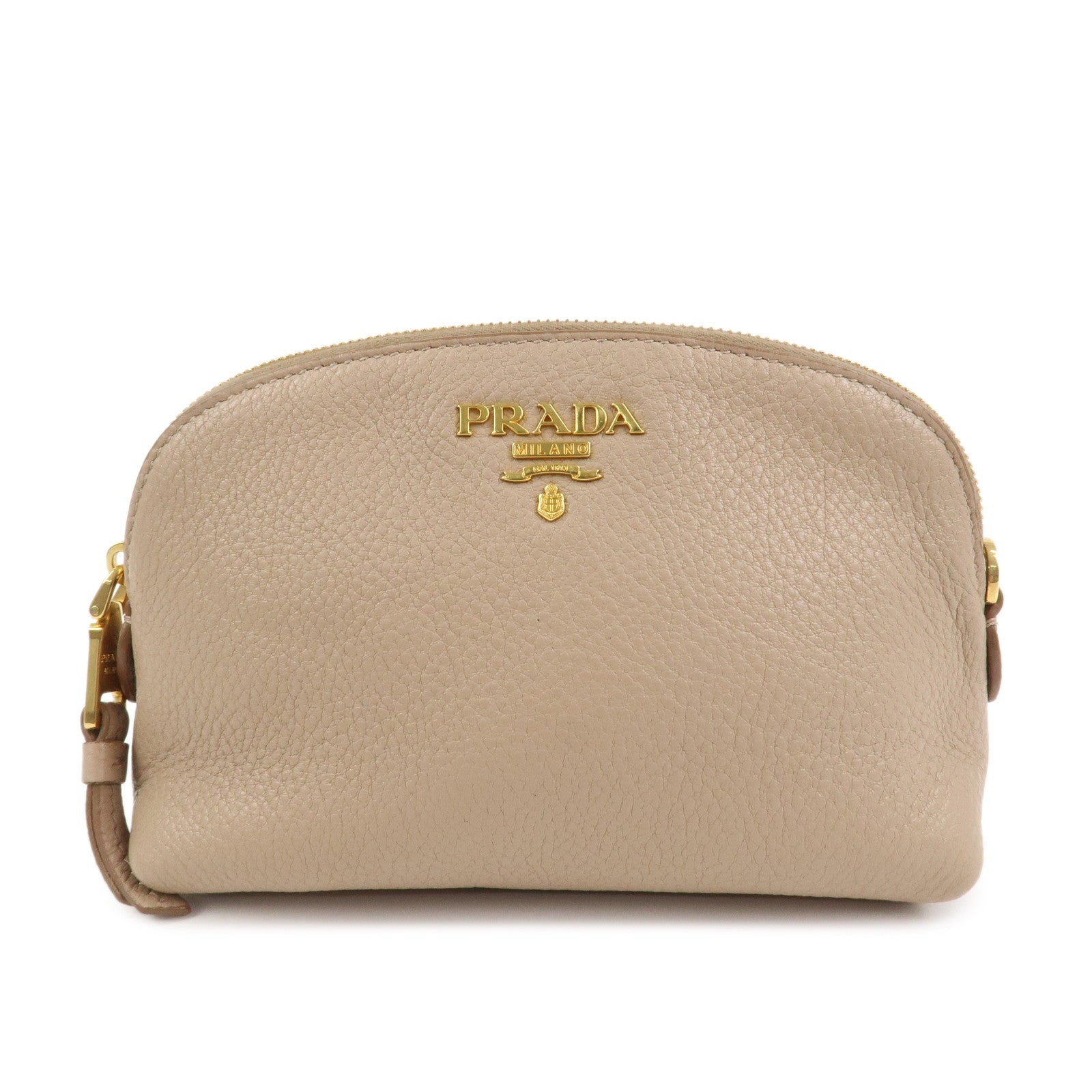PRADA Logo Leather Cosmetic Pouch Clutch Beige 1ND005