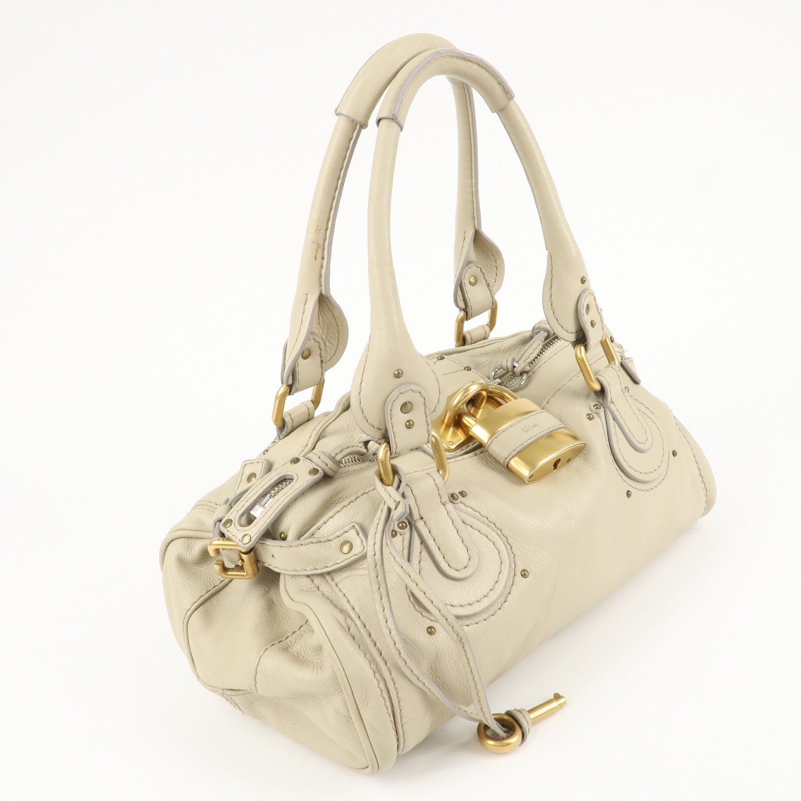 Chloe Paddington Leather Medium Hand Bag Shoulder Bag Beige Used