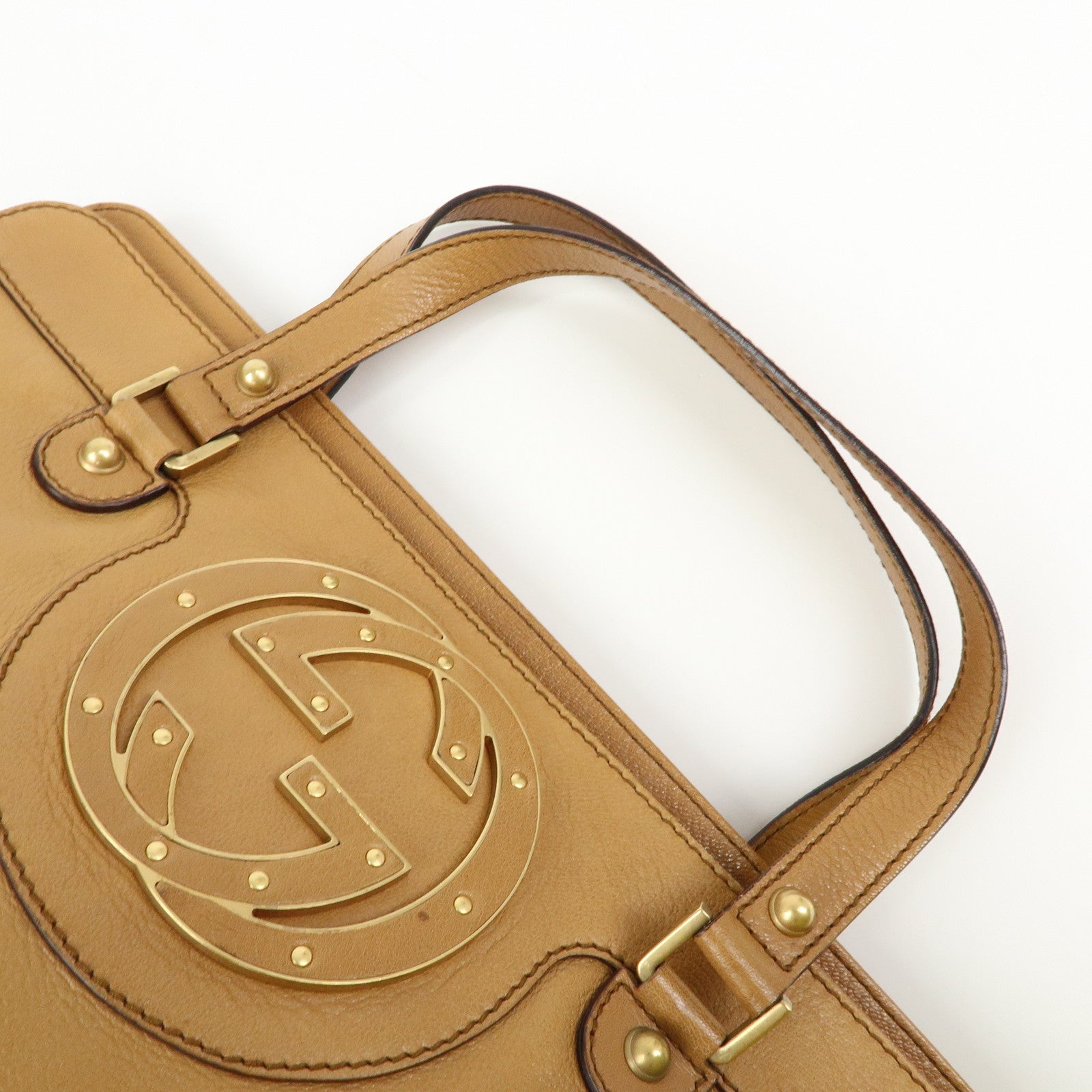 GUCCI Interlocking G Leather Blondie Studs Hand Bag Brown 121551