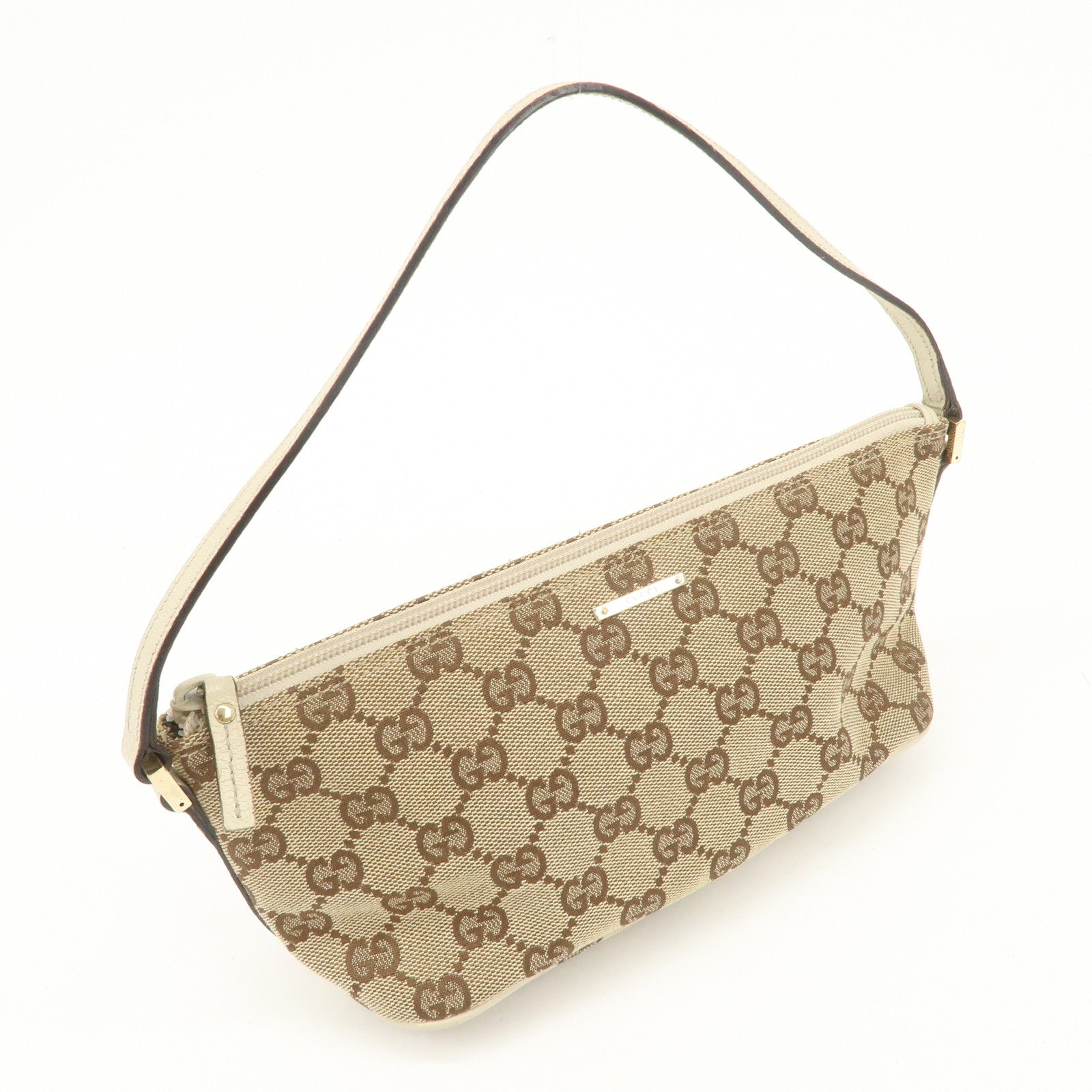 GUCCI Boat Bag GG Canvas Leather Bag Hand Bag Pouch Beige Ivory 07198 Used
