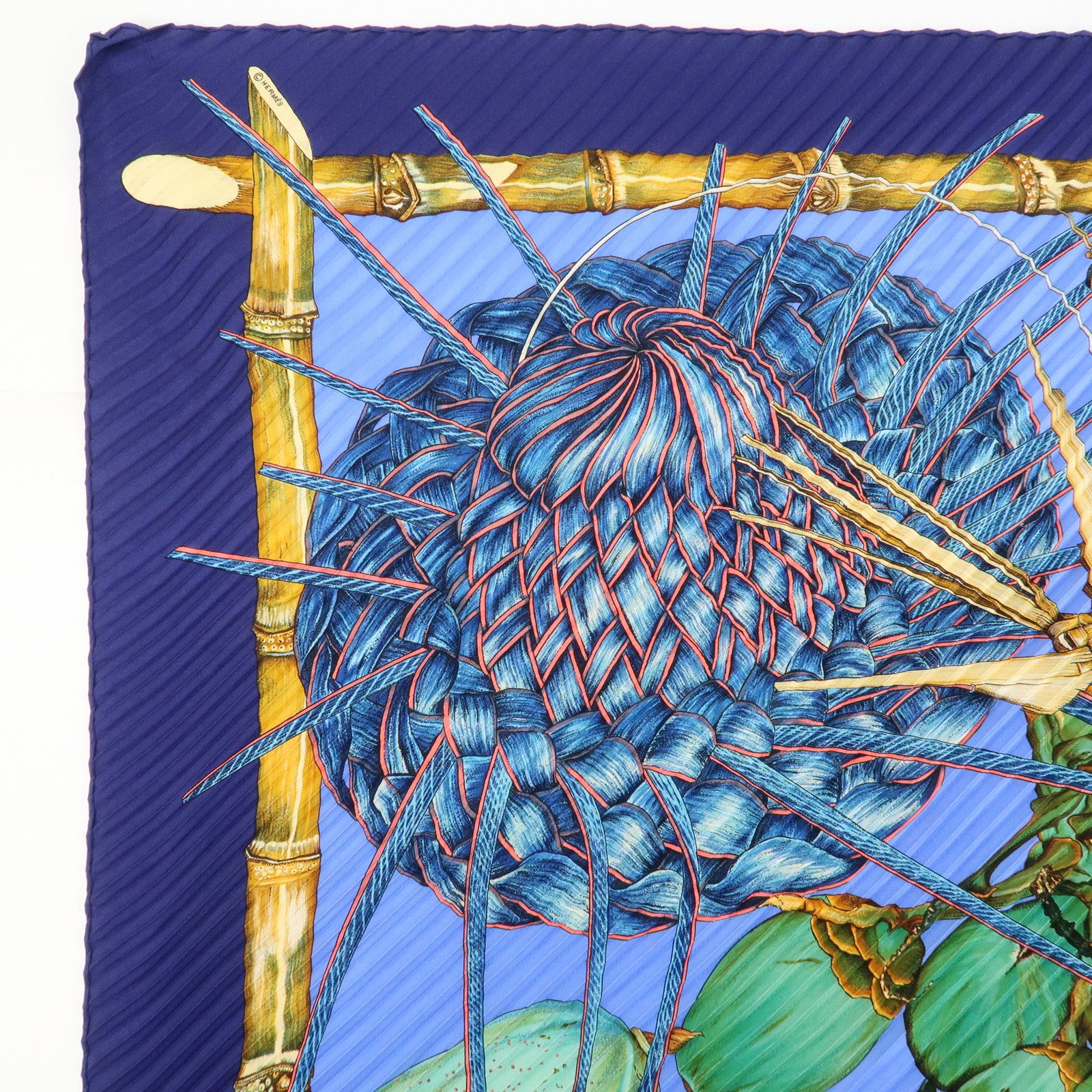 HERMES Carre Silk 100% Pleats Scarf Jardin Creole Blue Green Navy Used