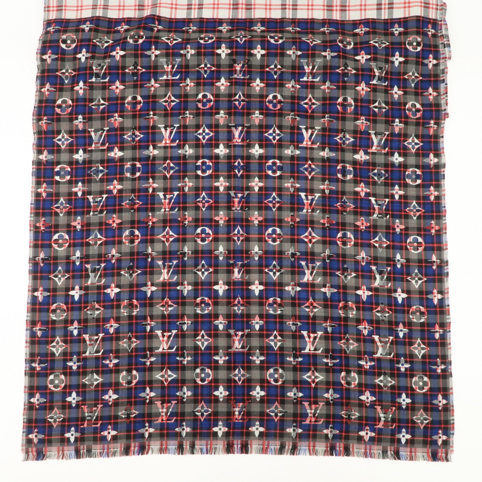 Louis Vuitton Etole Monogram Wool Silk Scarf Plaid Black Red M70333