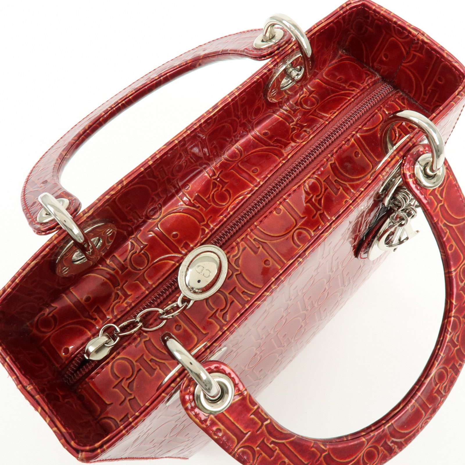 Christian Dior Lady Dior Patent Leather Hand Bag Dior Logo Red