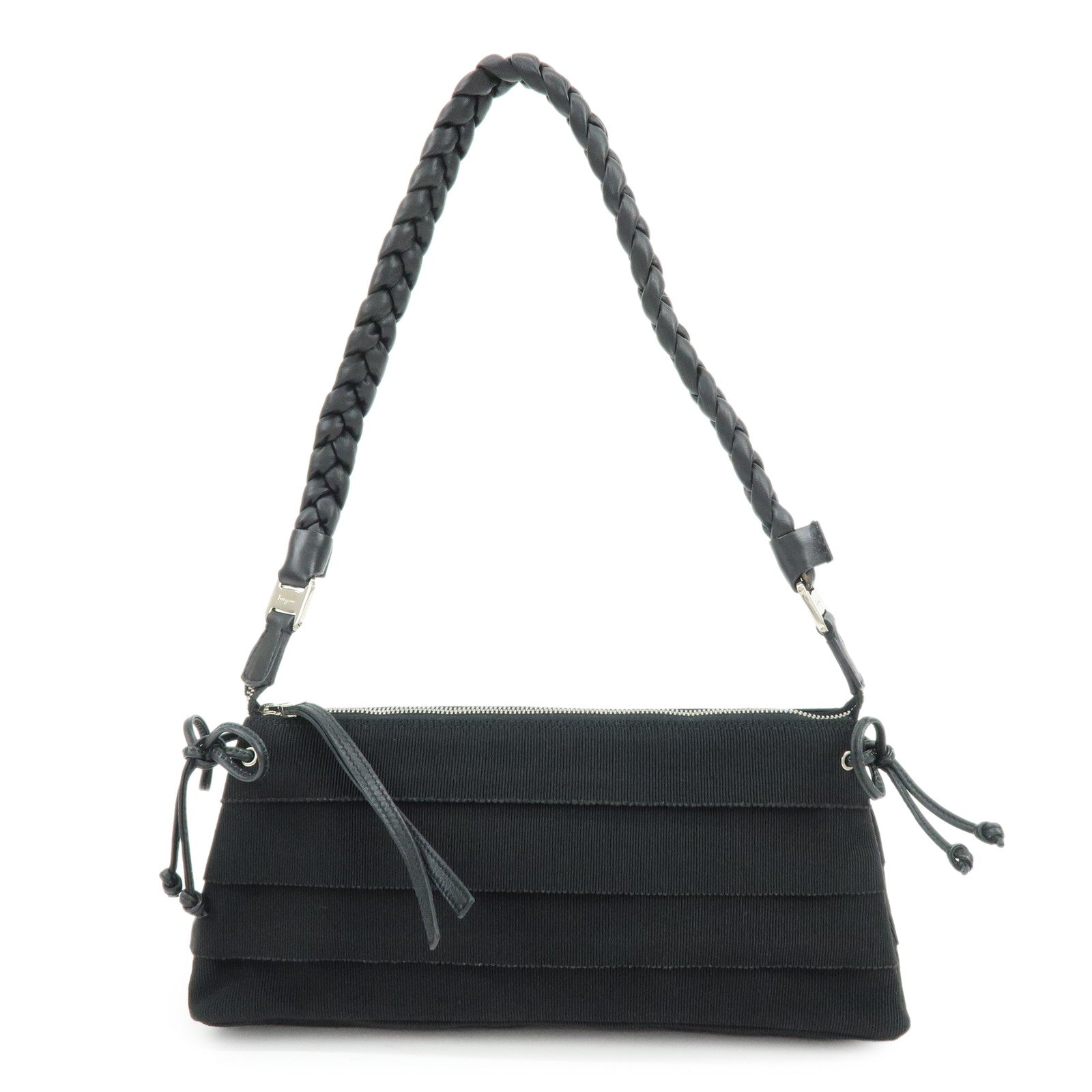 Ferragamo Vara Canvas Leather Side Ribbon Shoulder Bag Black