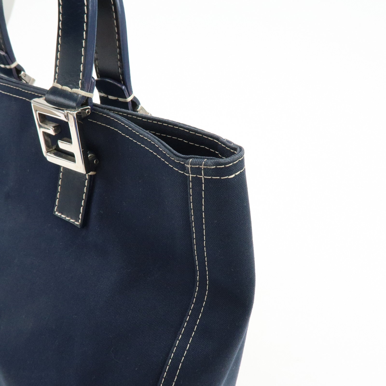FENDI Canvas Leather Hand Bag Tote Bag Navy