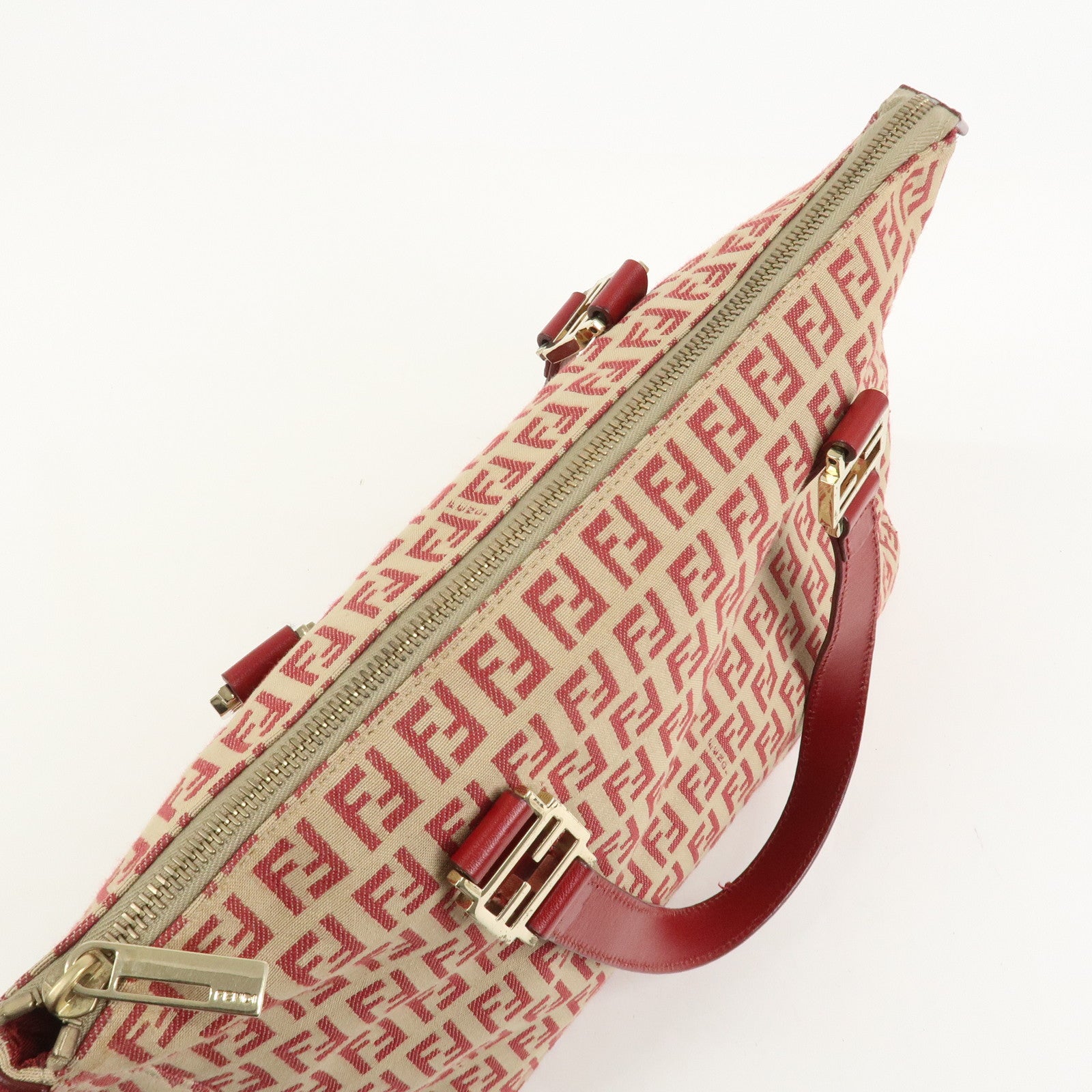 FENDI Zucchino Canvas Leather Tote Bag Hand Bag Beige Red 8BH134
