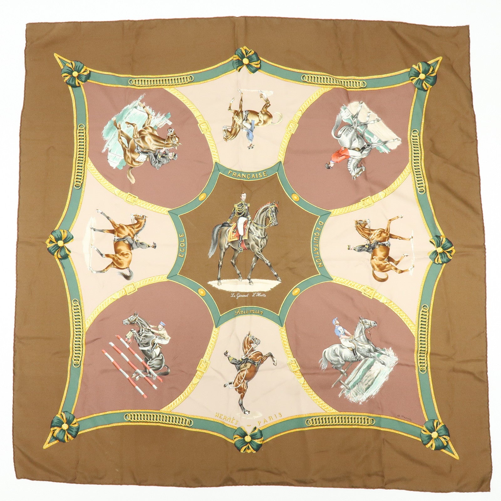 HERMES Carre 90 Set of 2 Silk 100% Scarf Black Gold Brown