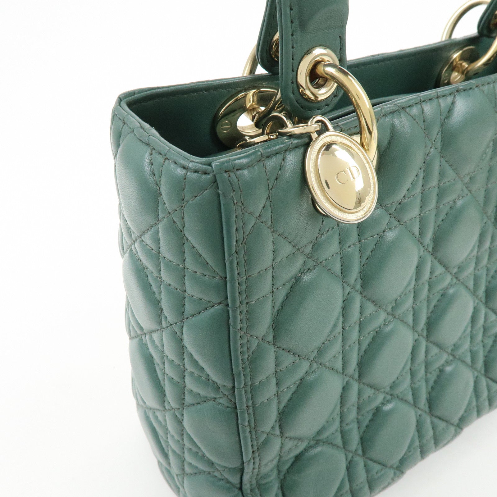 Christian Dior Lady Dior Cannage Lamb Skin 2Way Bag Hand Bag Green