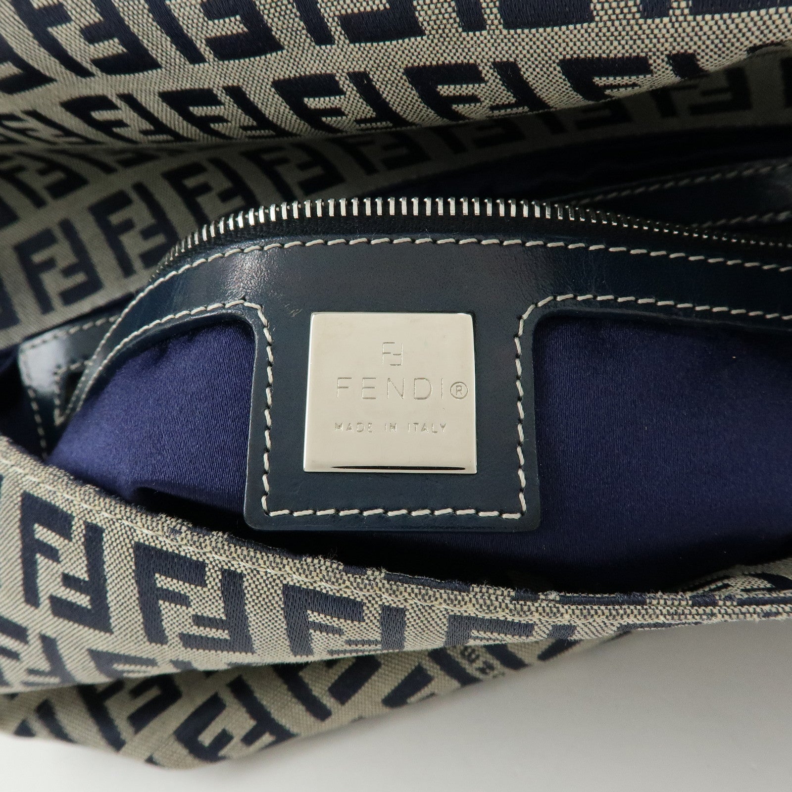 FENDI Mamma Baguette Zucchino Canvas Shoulder Bag Navy 26325
