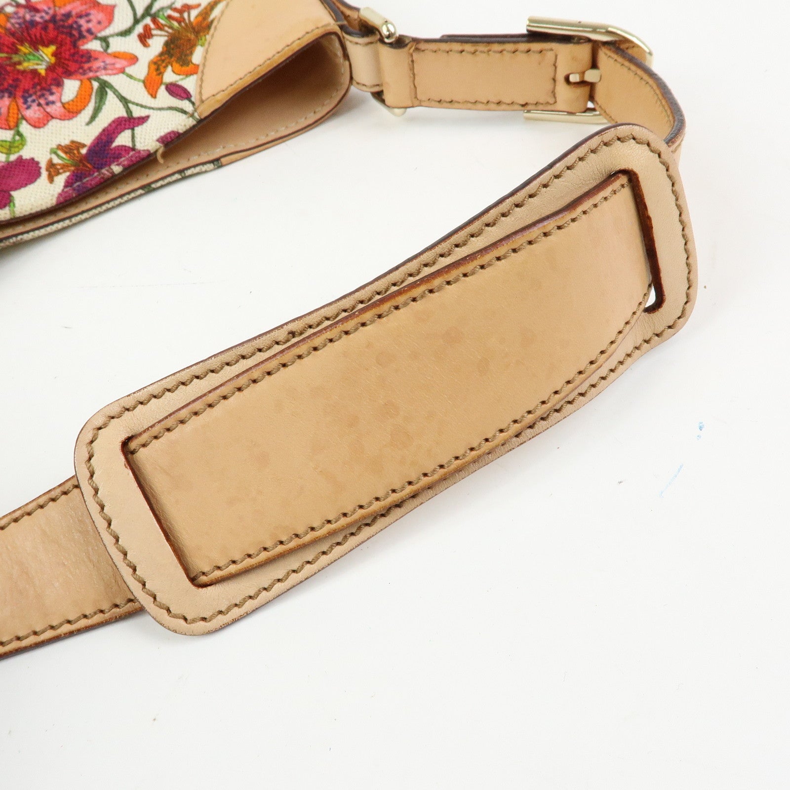 GUCCI Horsebit Flora Leather Canvas Shoulder Bag Beige White 137388