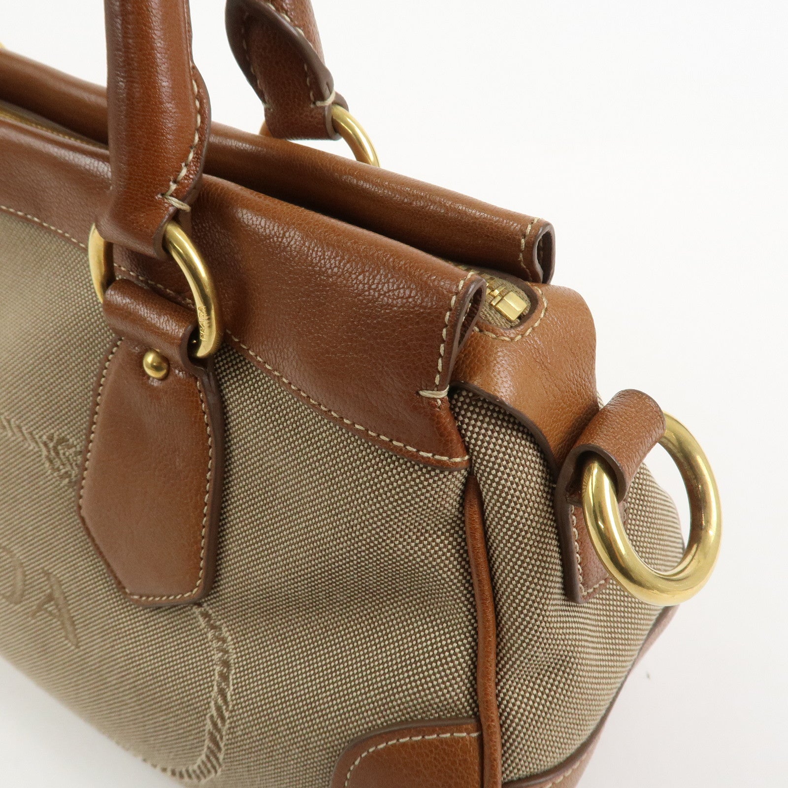 PRADA Logo Jacquard Leather 2Way Bag Hand Bag Brown BN1839