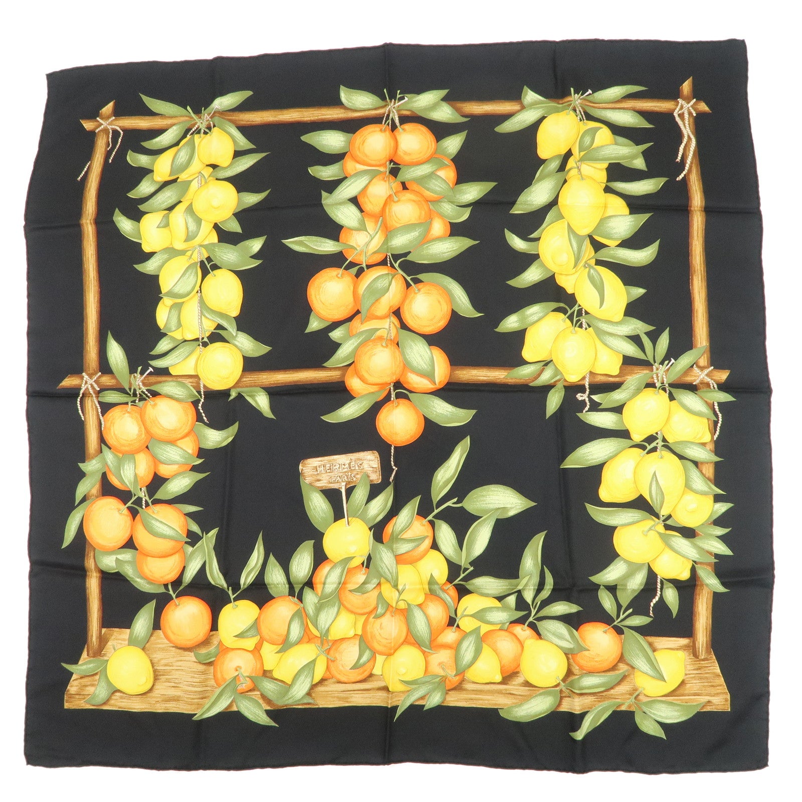 HERMES Carre 90 Silk 100% Scarf Oranges et citrons Black Orange