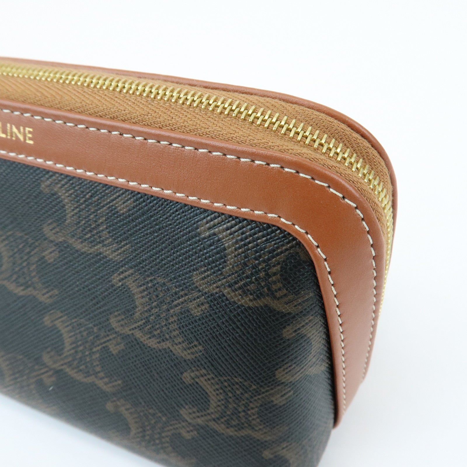 CELINE Triomphe PVC Calf Leather Cosmetic Pouch Accessory Pouch Tan