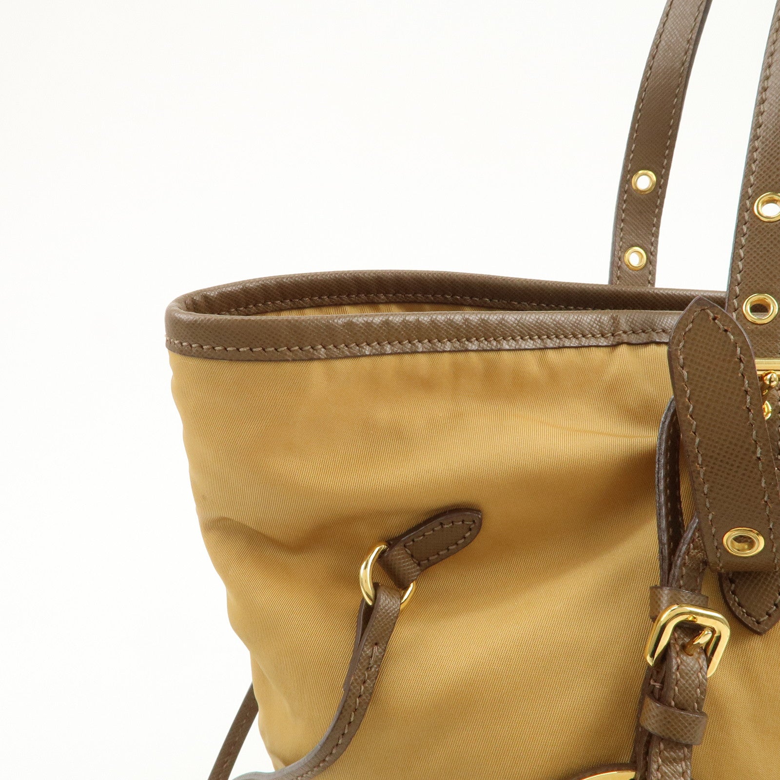 PRADA Logo Nylon Saffiano Leather Tote Bag Shoulder Bag Light Brown