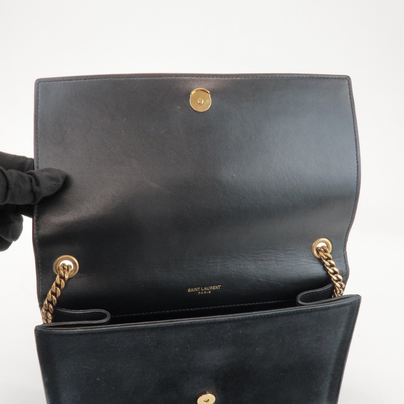 SAINT LAURENT PARIS Cassandra Suede Rhinestone Shoulder Bag 513074