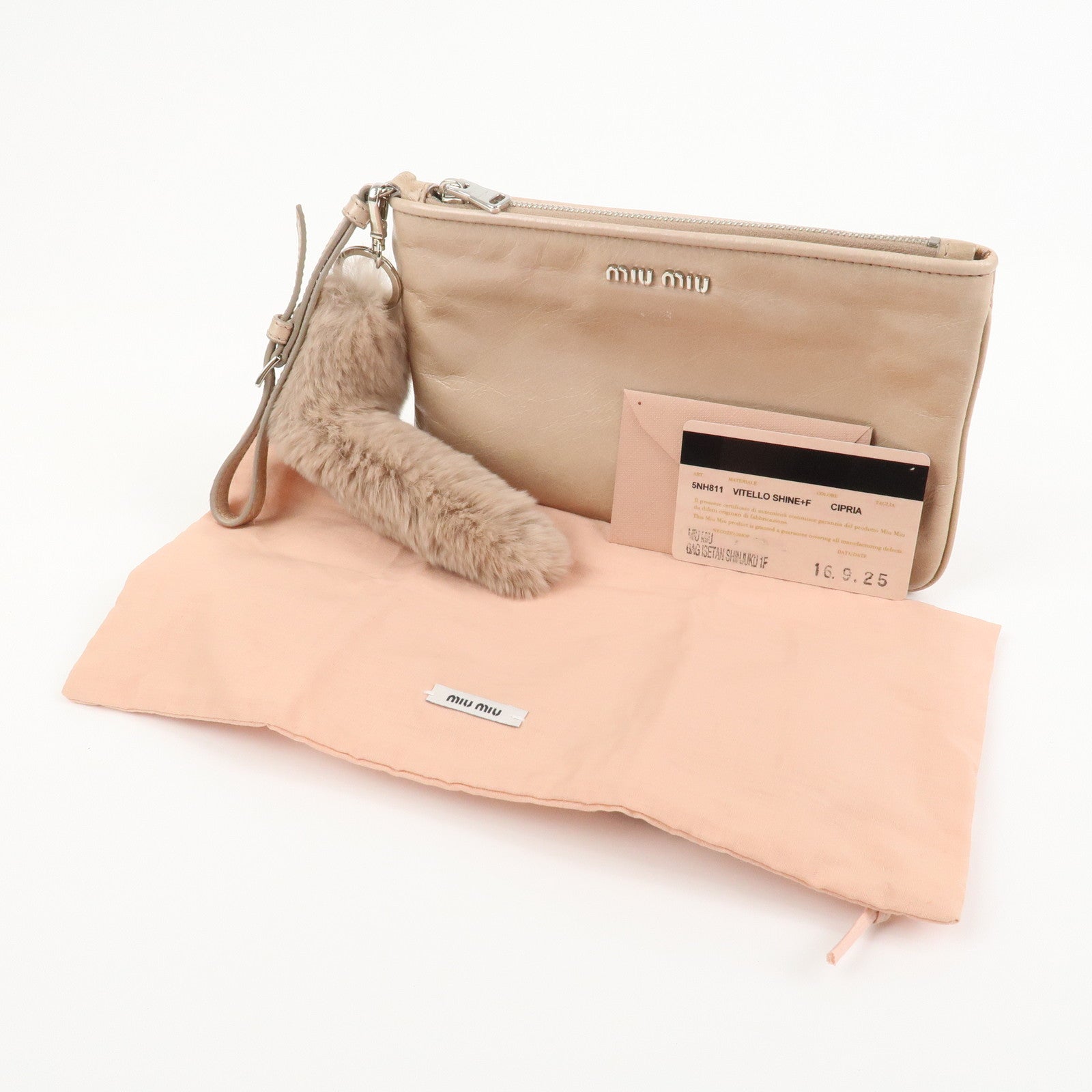 MIU MIU Leather Fur Clutch Bag Pouch Pink Beige 5NH811