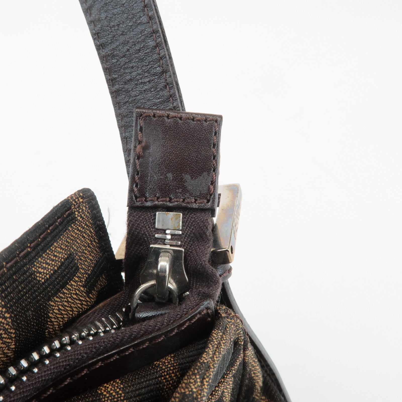 FENDI Zucca Canvas Leather Semi Shoulder Bag Black Brown 26566