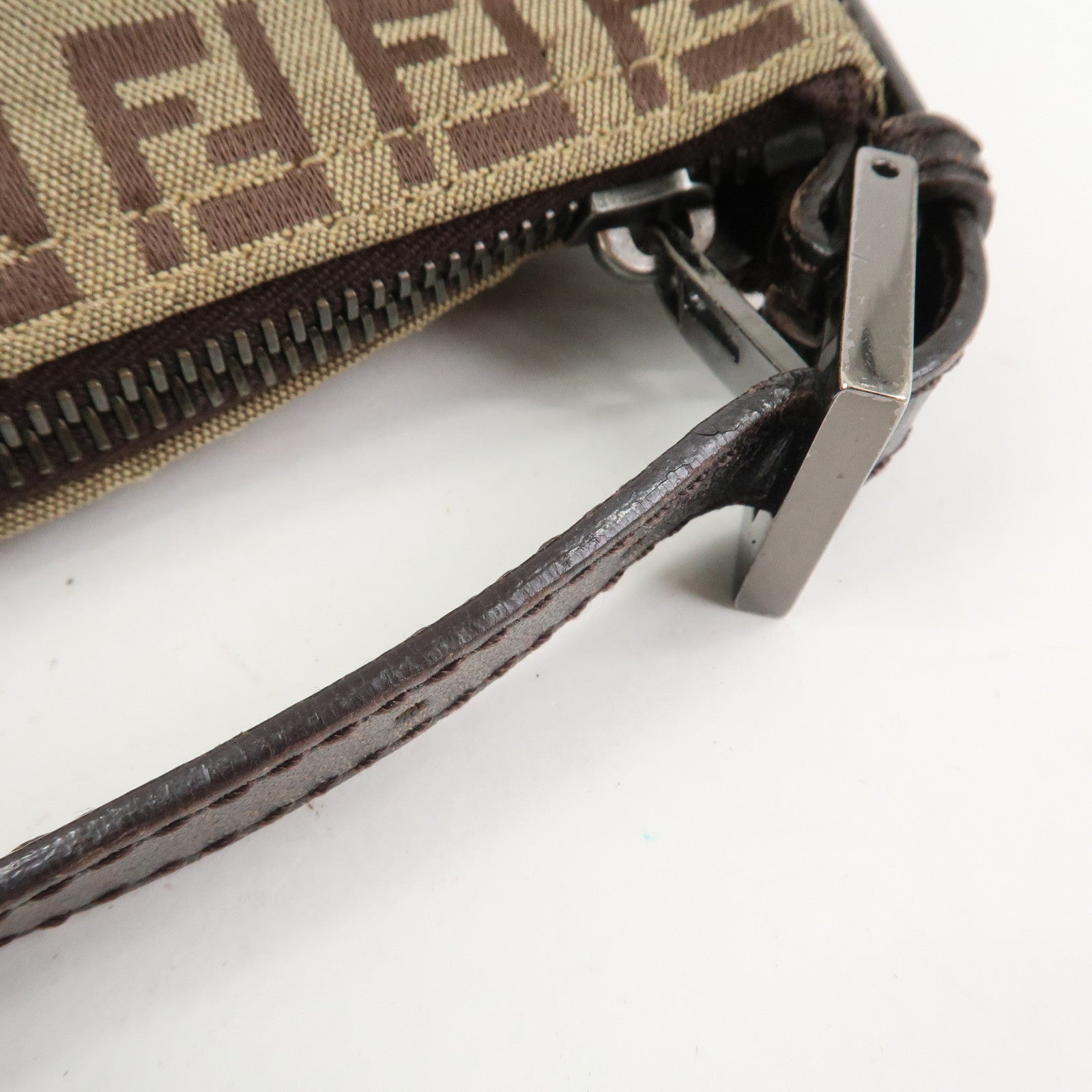 FENDI Zucchino Canvas Leather Hand Bag Pouch Bag Brown 8N0001
