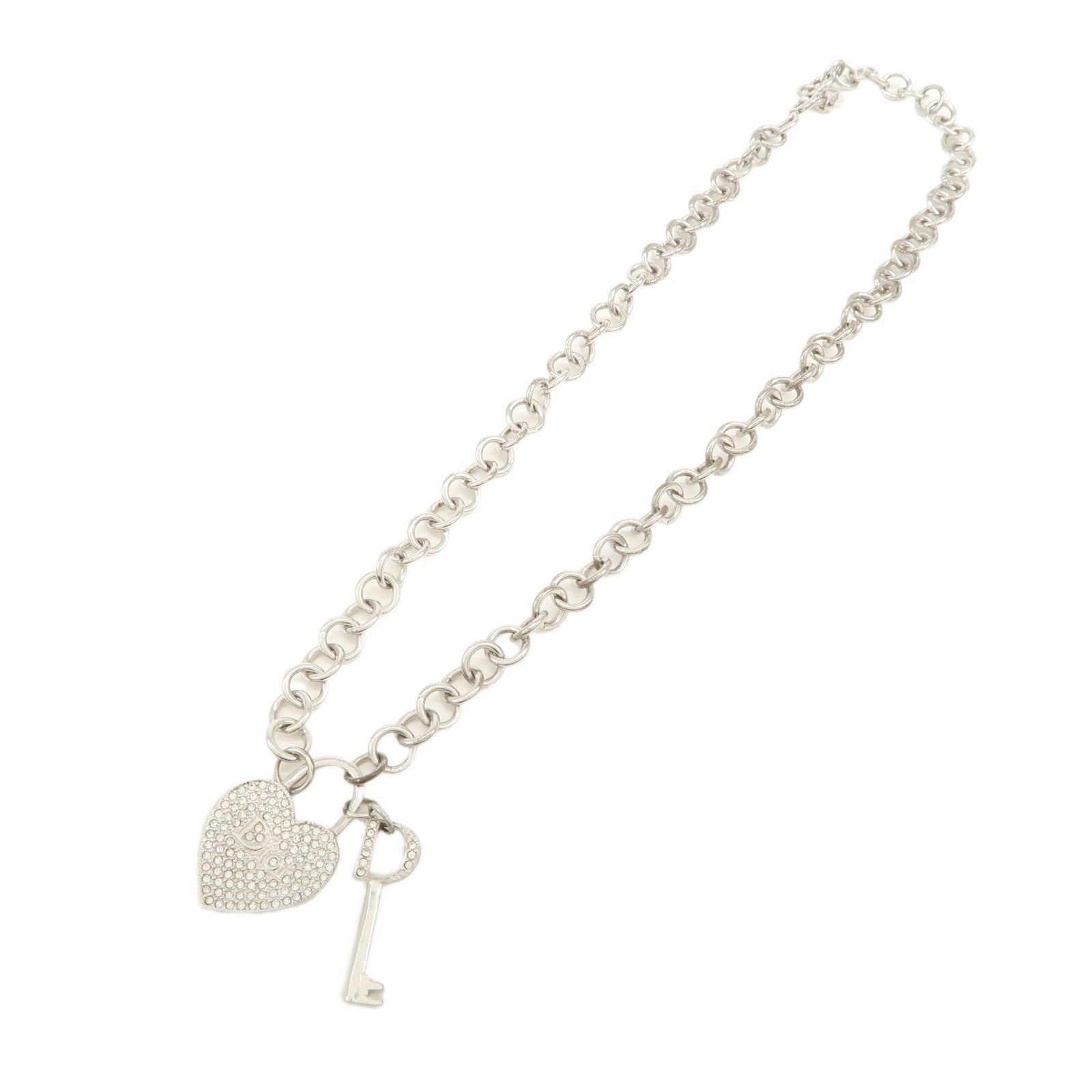 Christian Dior Logo Heart Lock & Key Pendant Metal Necklace Silver
