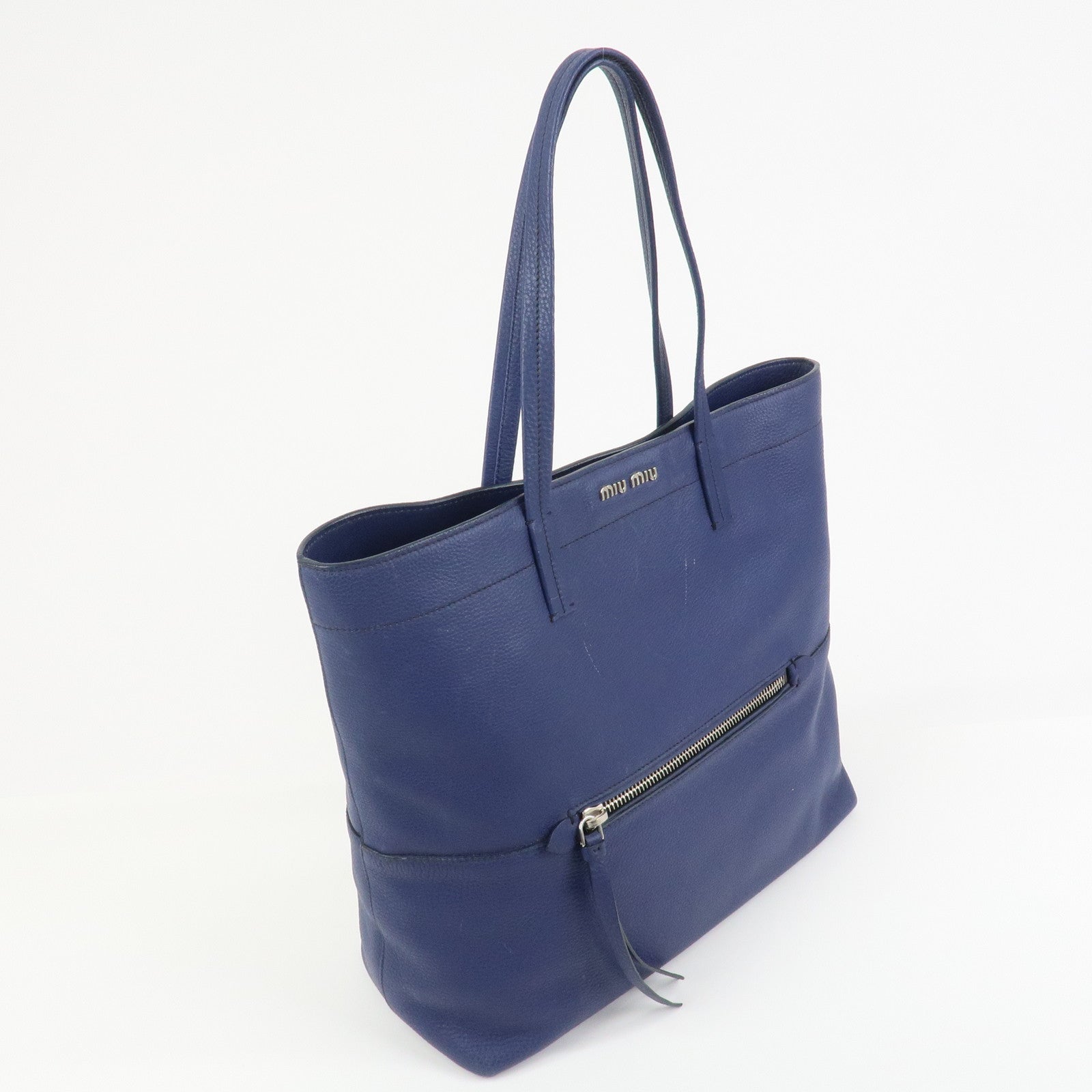 MIU MIU Logo Madras Leather Tote Bag Shoulder Bag Hand Bag Blue