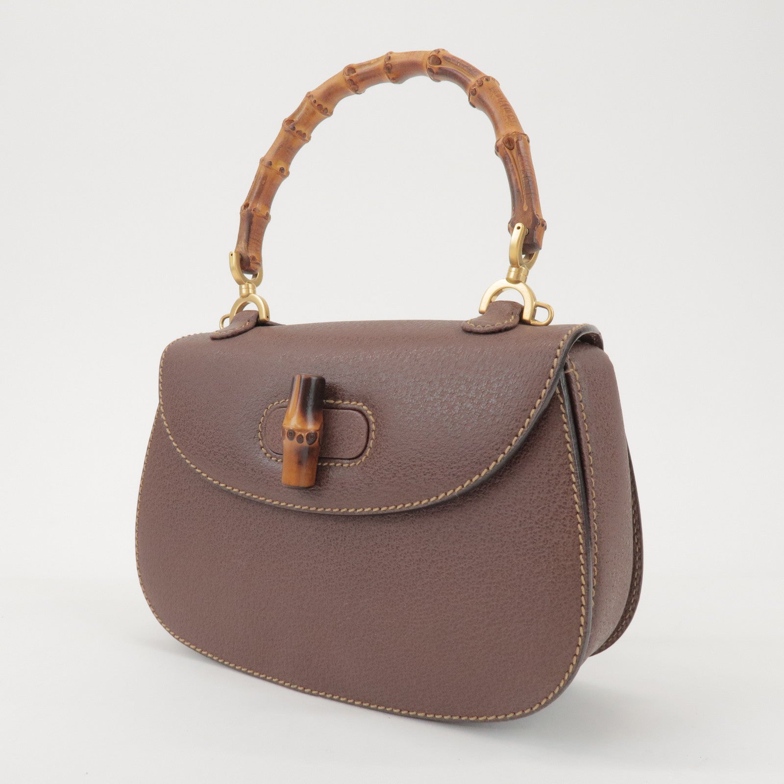 GUCCI Bamboo Leather 2Way Bag Hand Bag Shoulder Bag Brown 000 2040