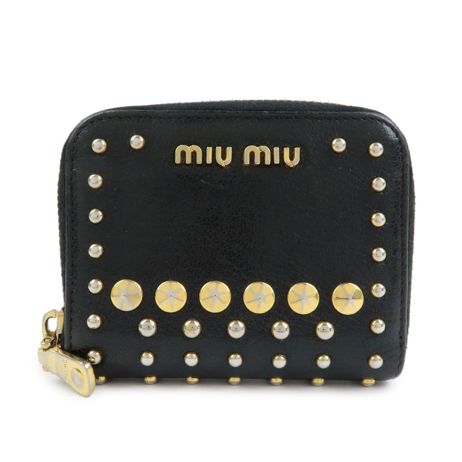 MIU MIU Madras Leather Studs Compact Coin Case Wallet Black