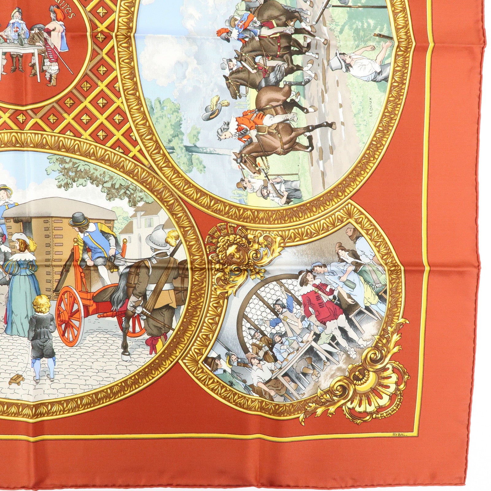 HERMES Carre 90 Silk 100% Scarf Les Trois Mousquetaires Brown Gold
