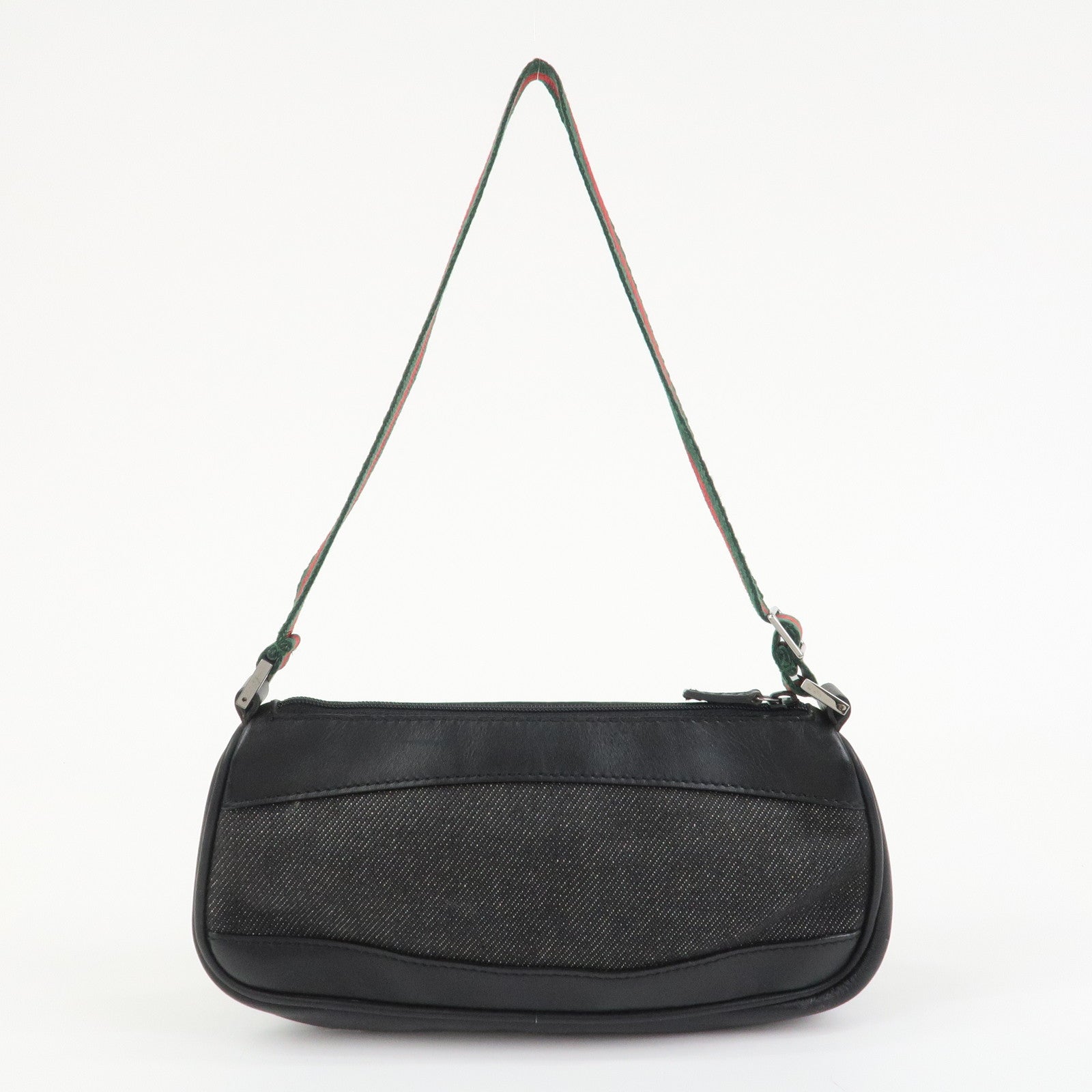 GUCCI Sherry Denim Leather Accessory Pouch Hand Bag Black 92820