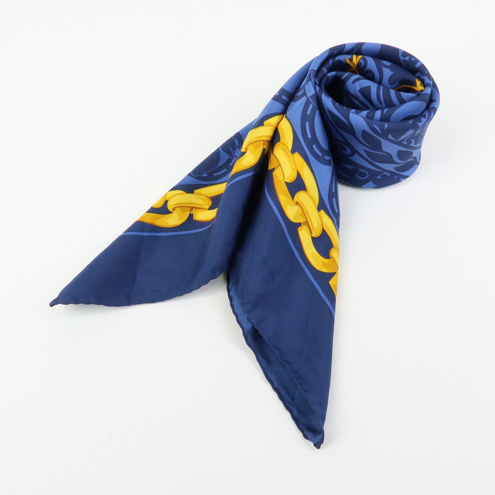 CELINE Silk 100% Scarf Lion Chain Motif Blue Yellow