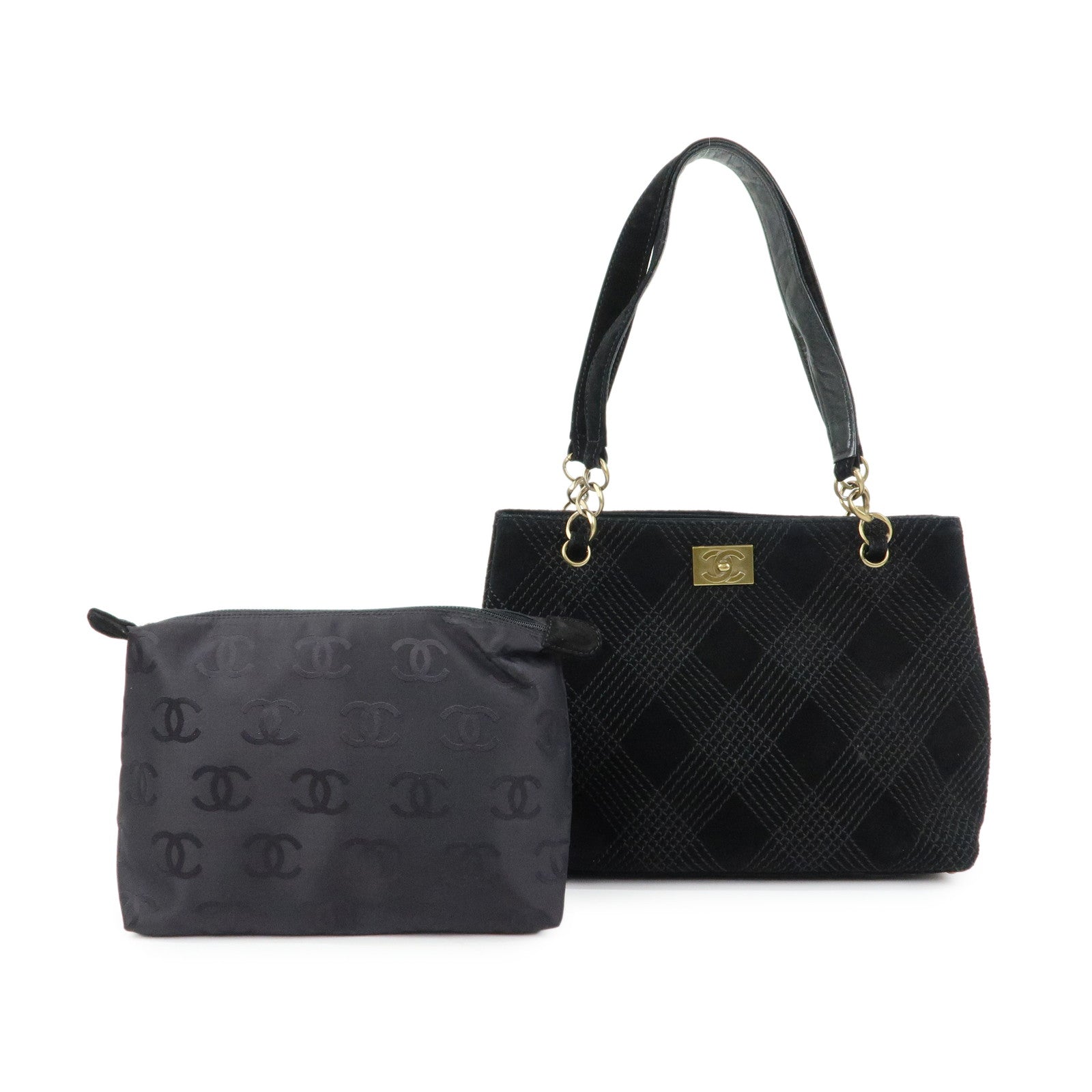 CHANEL COCO Mark Wild Stitch Suede Lamb Skin Tote Bag Black