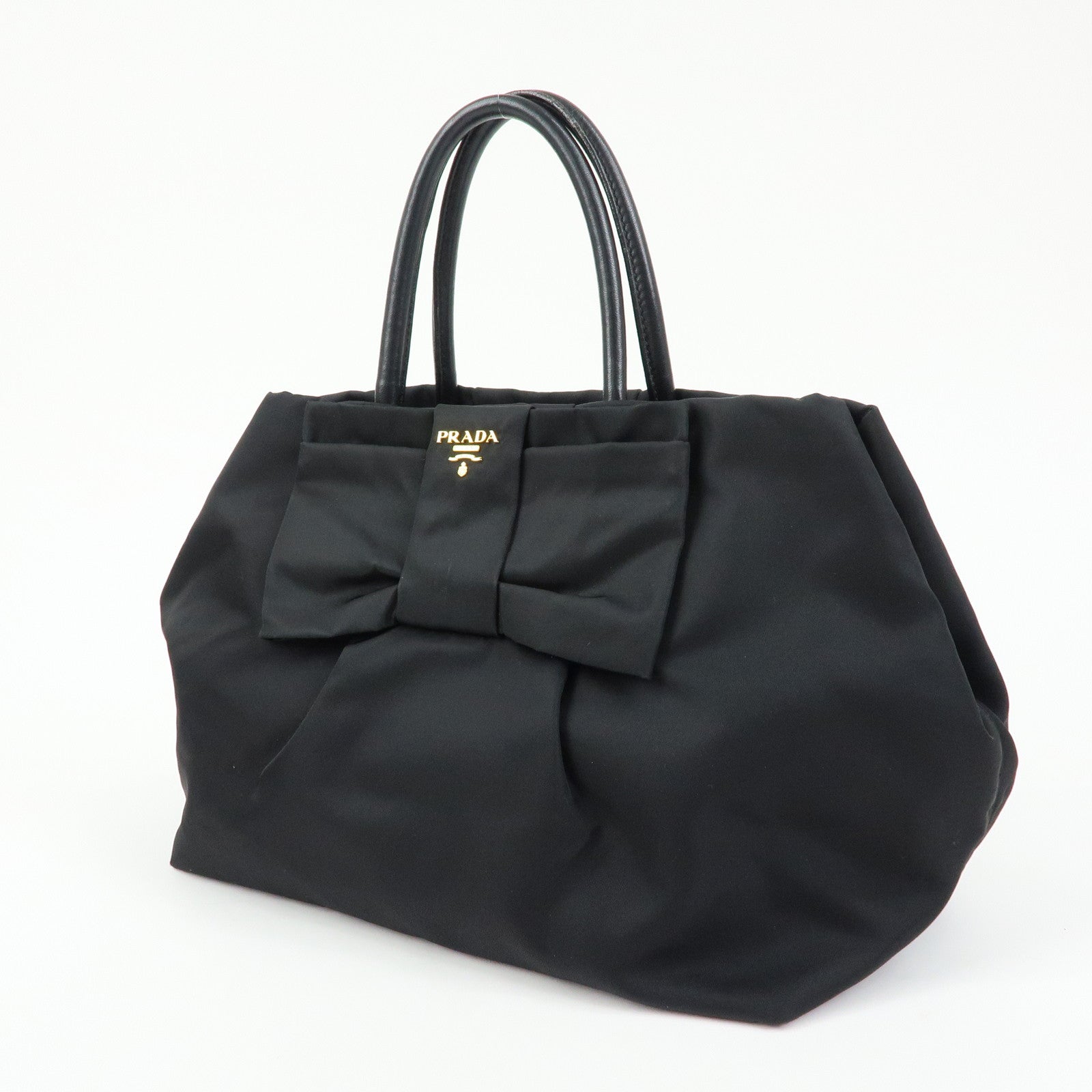 PRADA Ribbon Nylon Leather Hand Bag Tote Bag Black BN1601