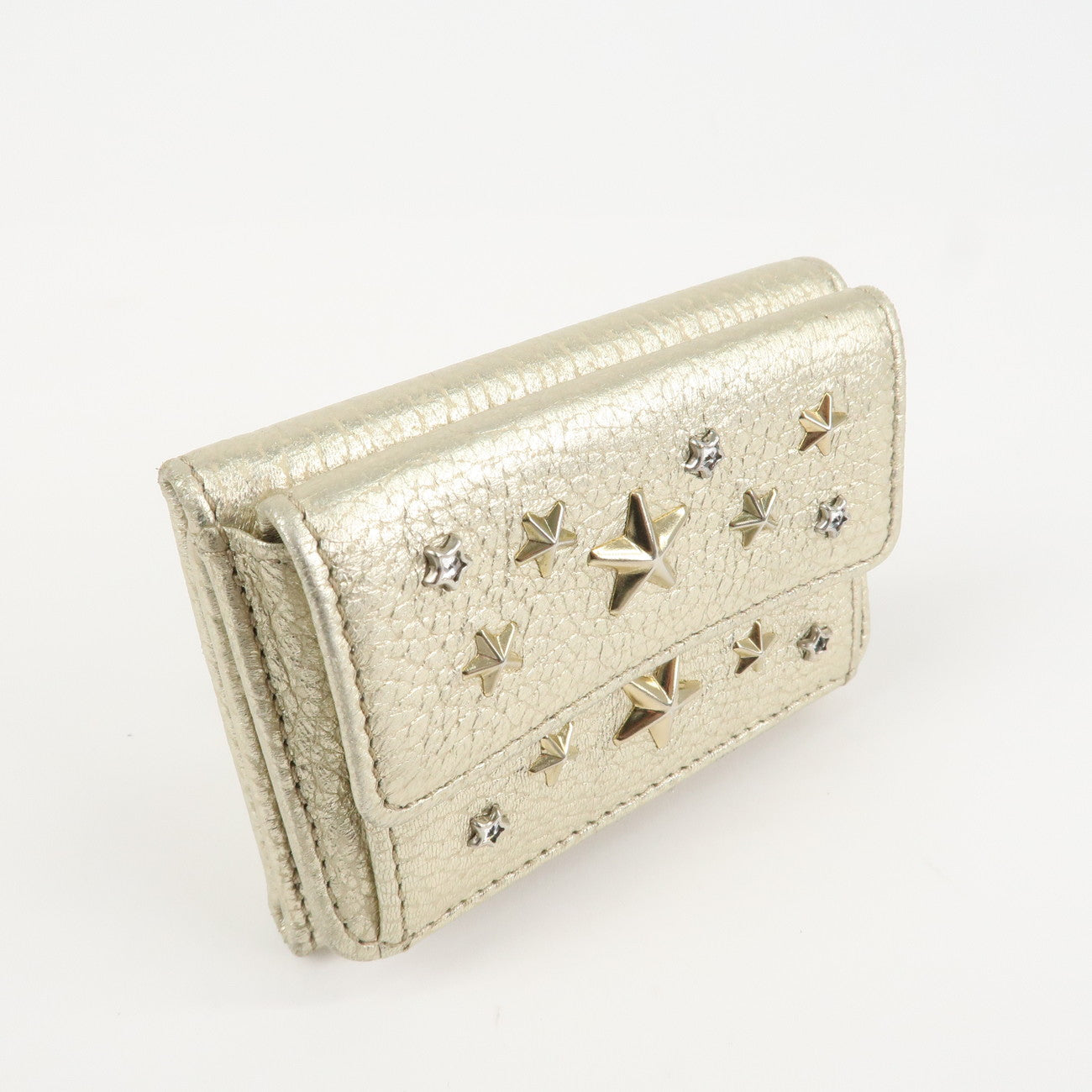 JIMMY CHOO Leather Star Studs Trifold Compact Wallet Gold Used