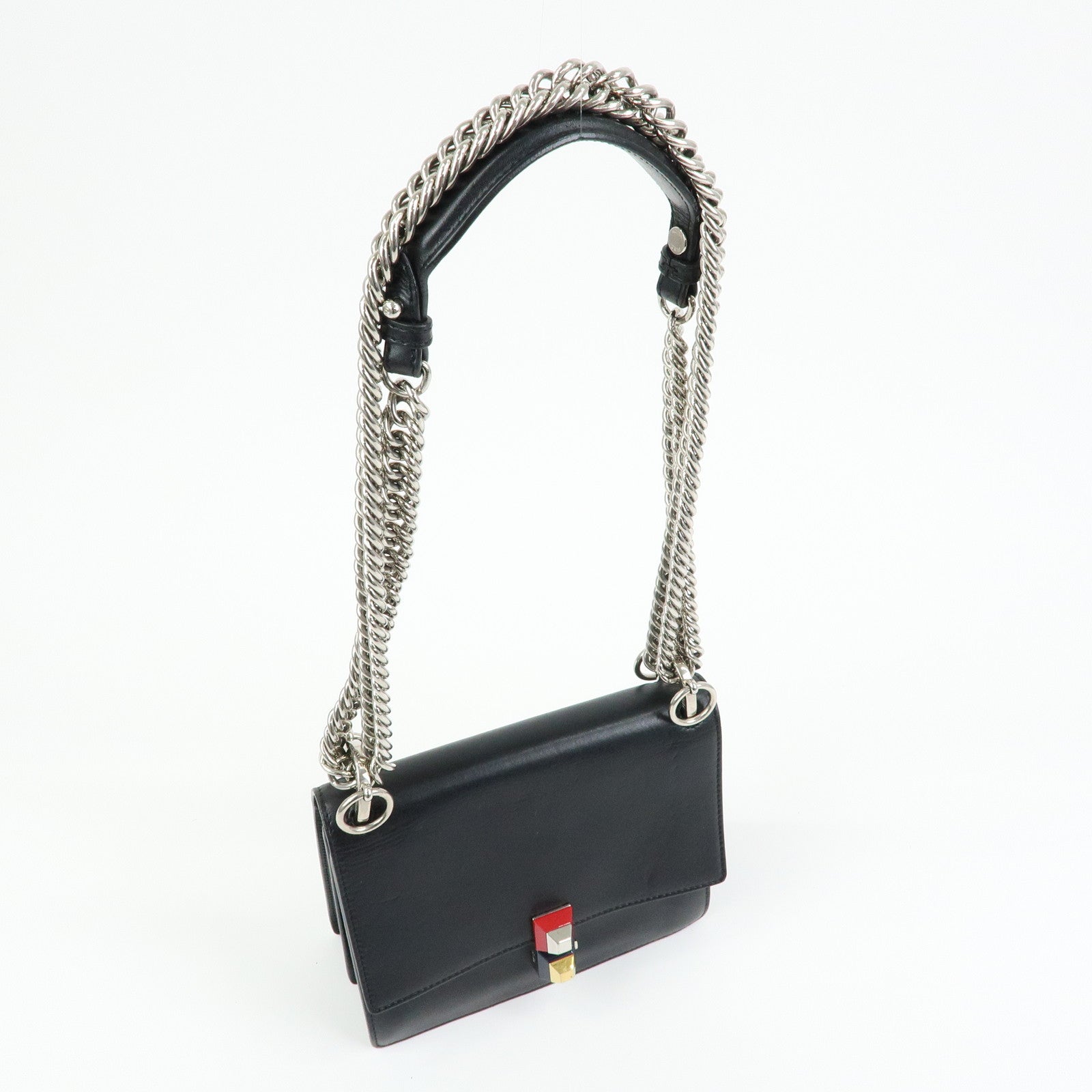 FENDI Kan I Mini Leather Chain Shoulder Crossbody Bag Black 8M0381