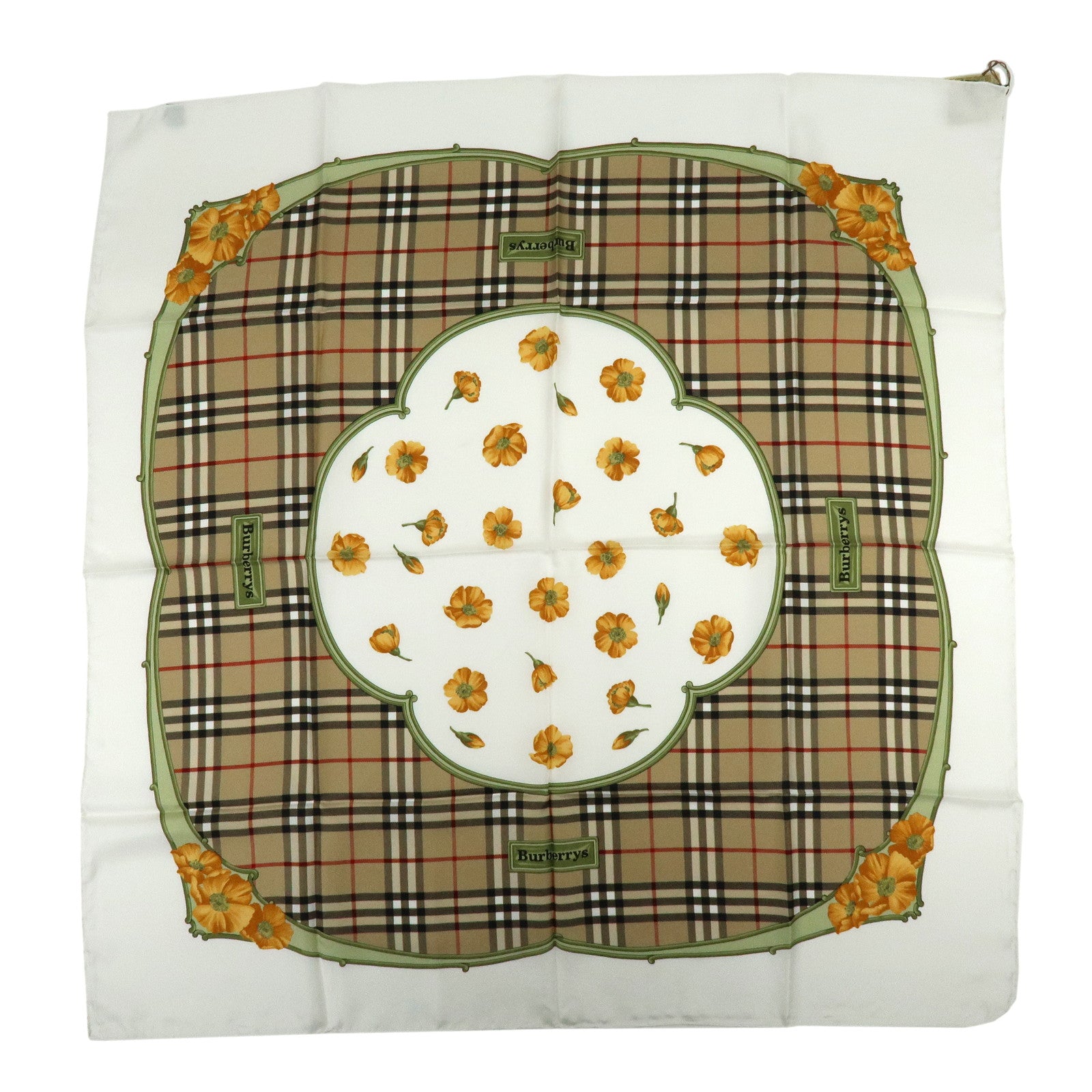 BURBERRY Nova Plaid Flower Motif Silk 100% Scarf Beige White Orange