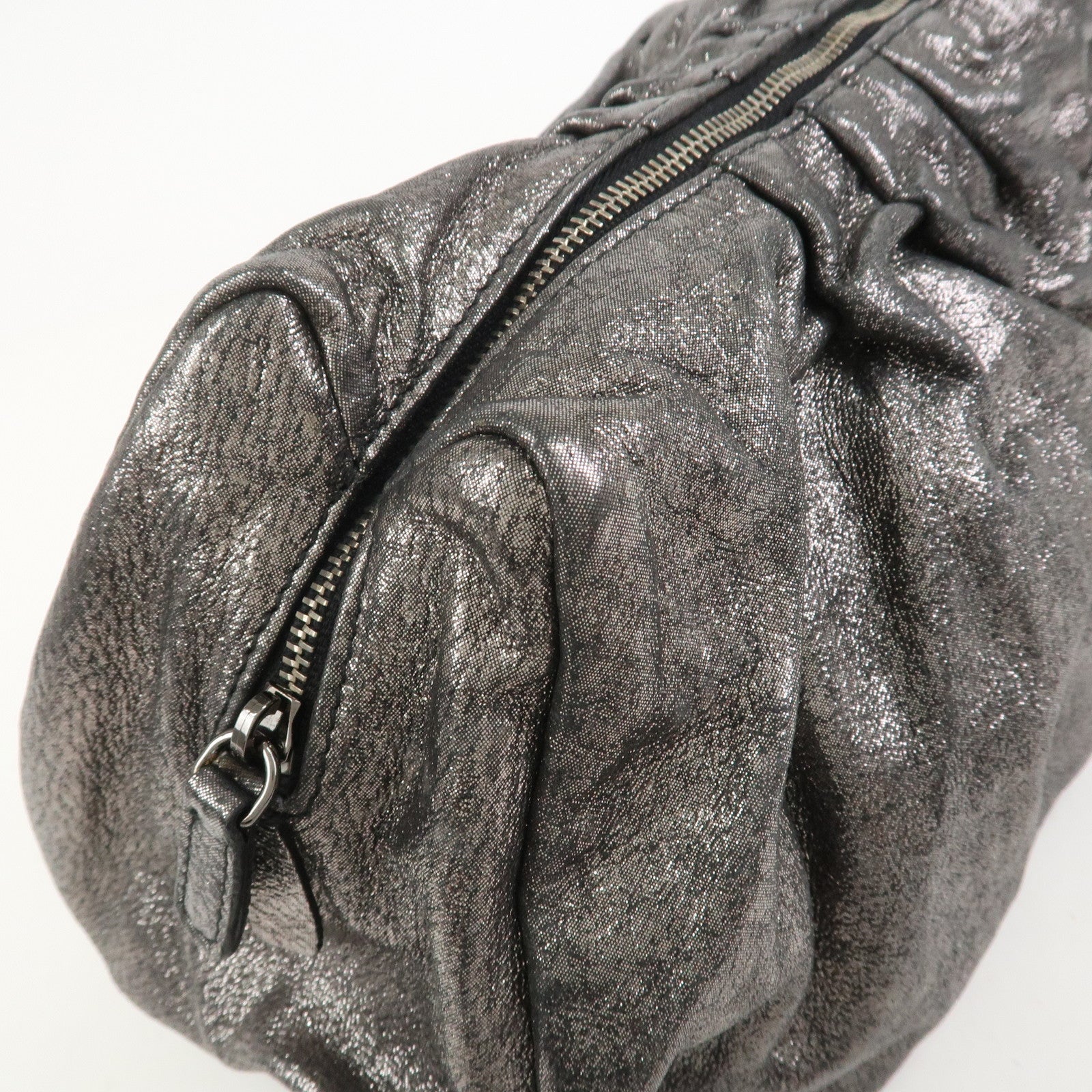 MIU MIU Logo Leather Clutch Bag Accessory Pouch Metallic Gray