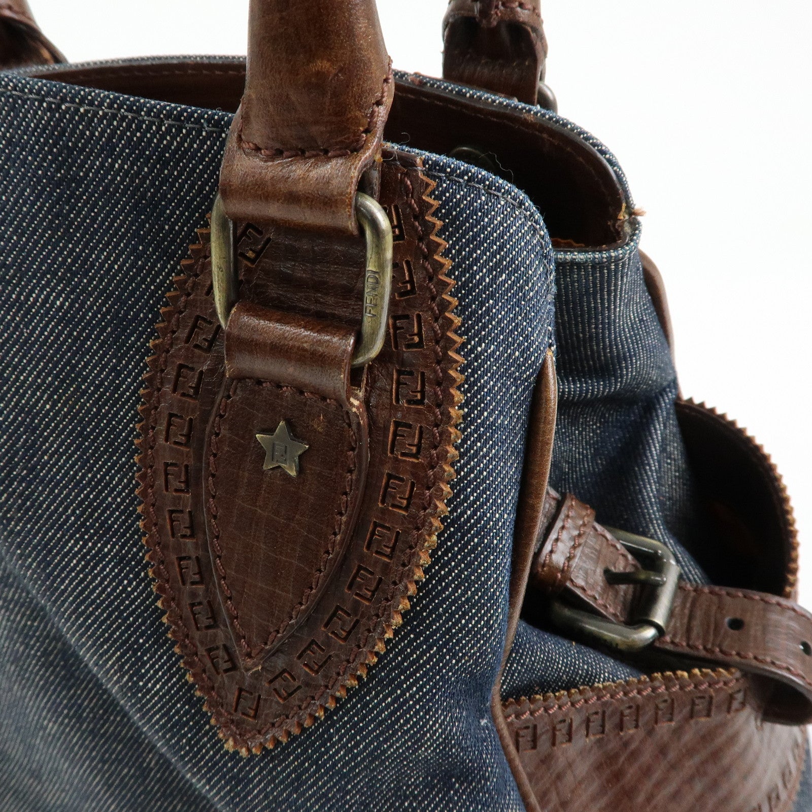 FENDI Etnico Denim Leather Tote Bag Shoulder Bag Blue Brown 8BN157