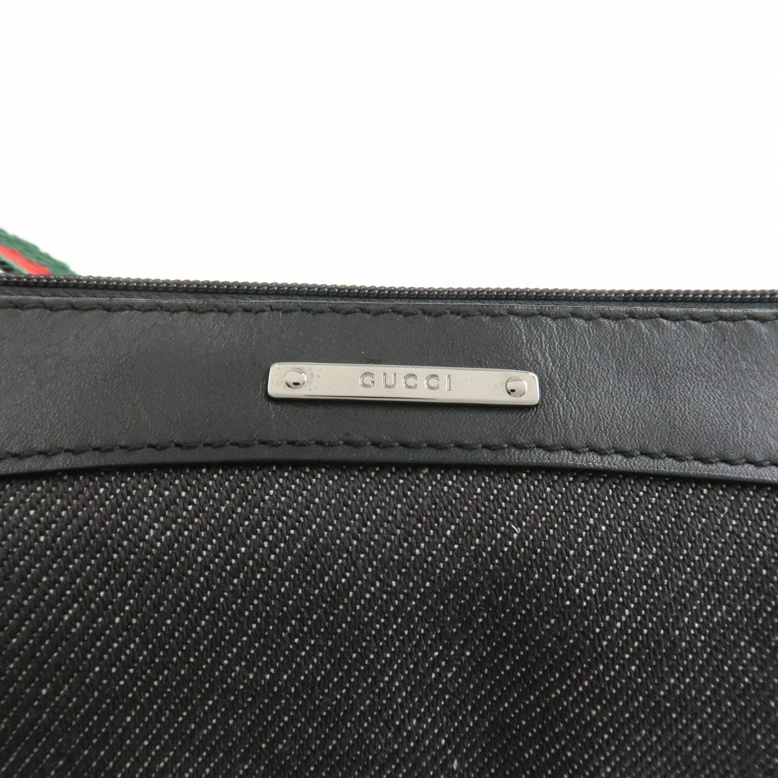 GUCCI Sherry Denim Leather Accessory Pouch Hand Bag Black 92820