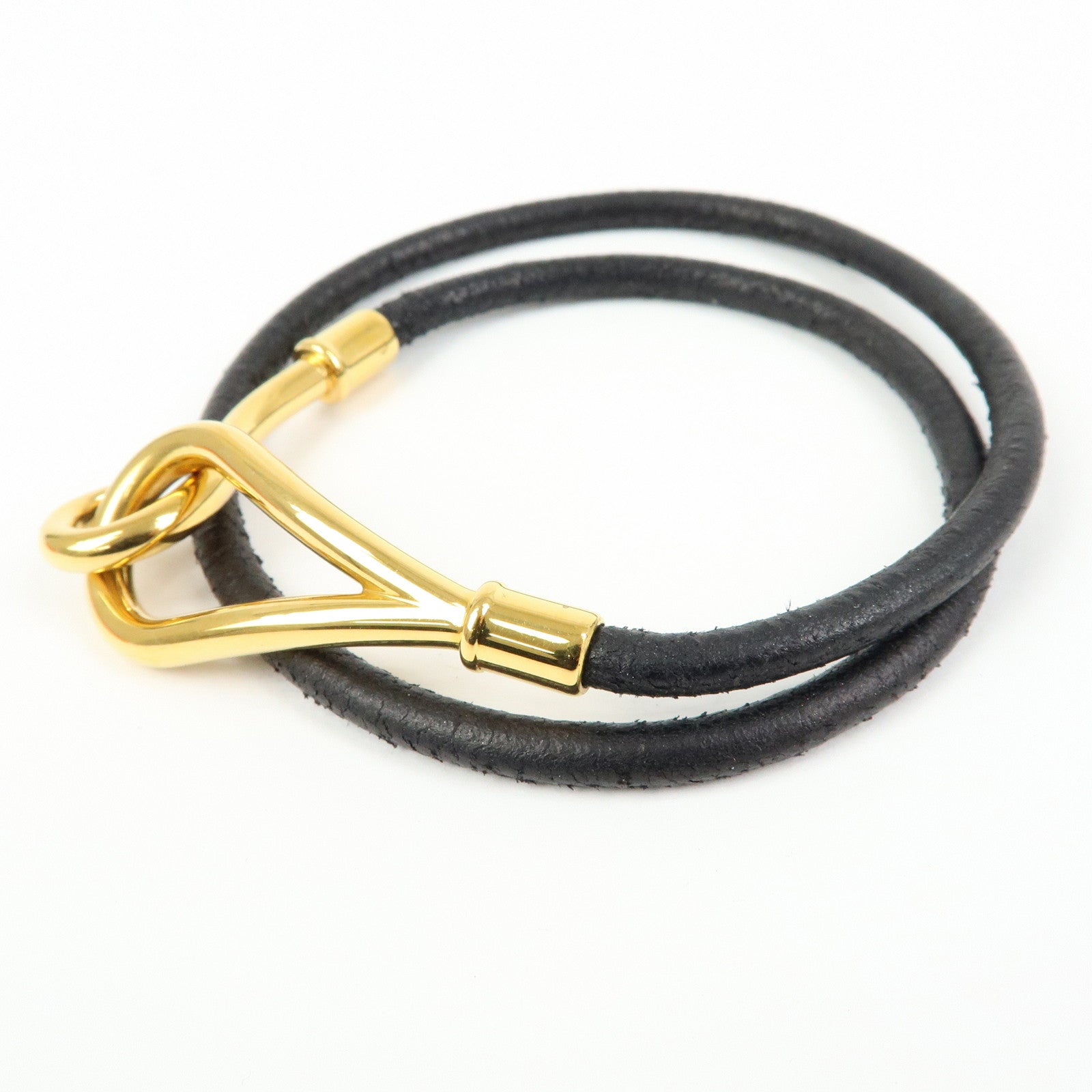 HERMES Jumbo Choker Leather Metal Bracelet Black Gold