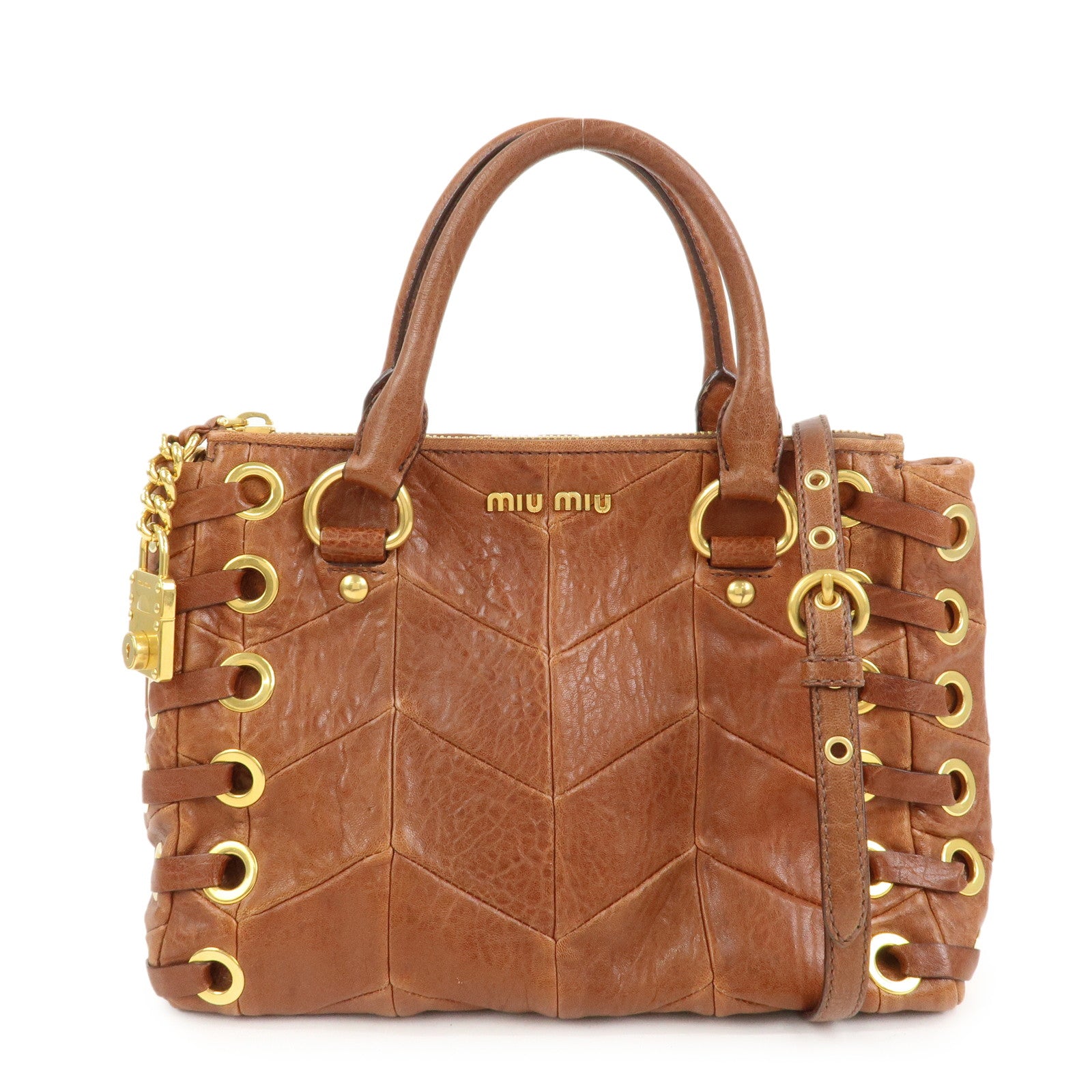 MIU MIU Logo Leather 2Way Bag Hand Bag Shoulder Bag Brown